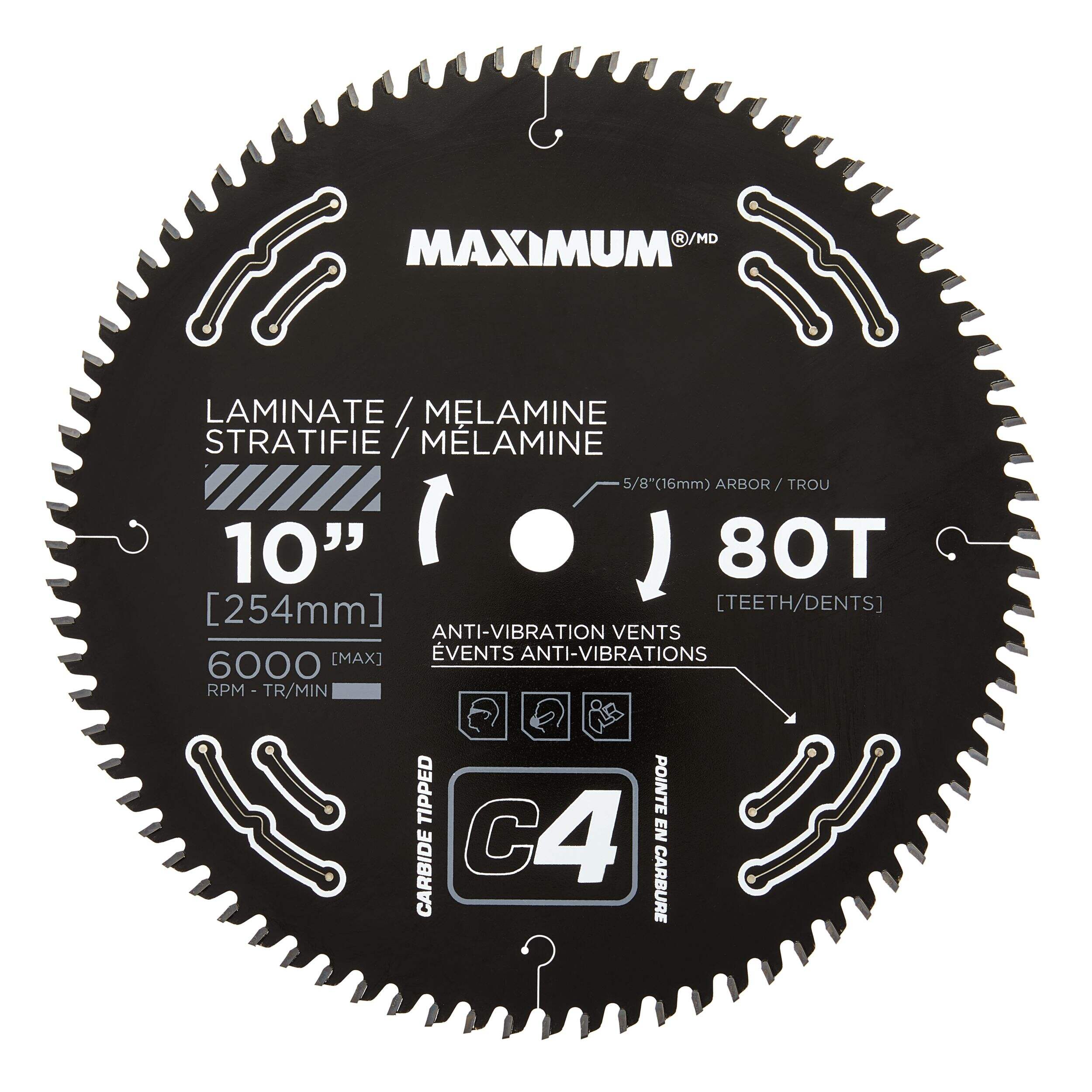 Lame de scie circulaire MAXIMUM, 80 dents en carbure, pour stratifié/mélamine, 10 po Front_Flat