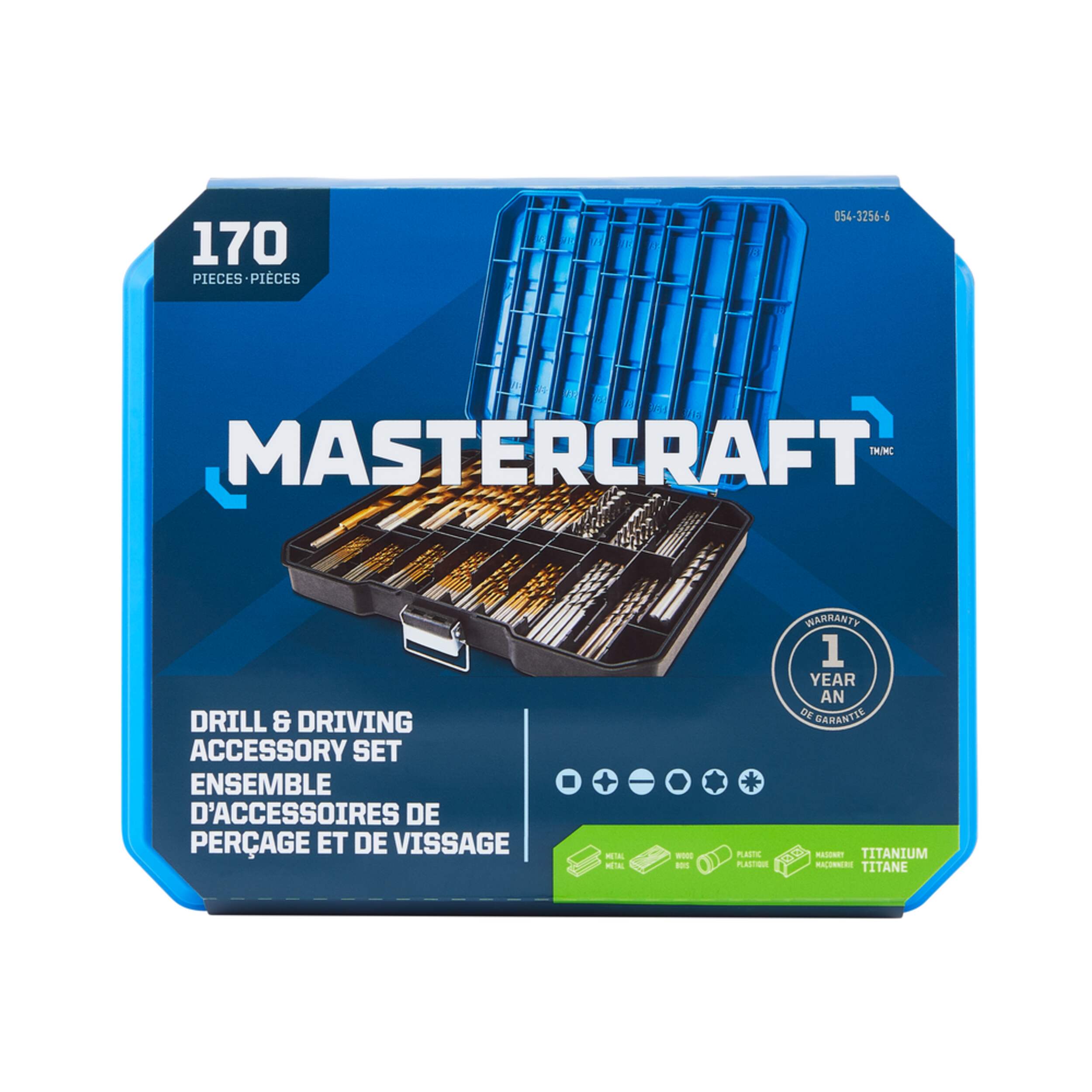 Mastercraft Titanium-Nitride Coated Drill & Drive Set for Wood, Metal, Plastic, Masonry, 170-pc Front_Flat