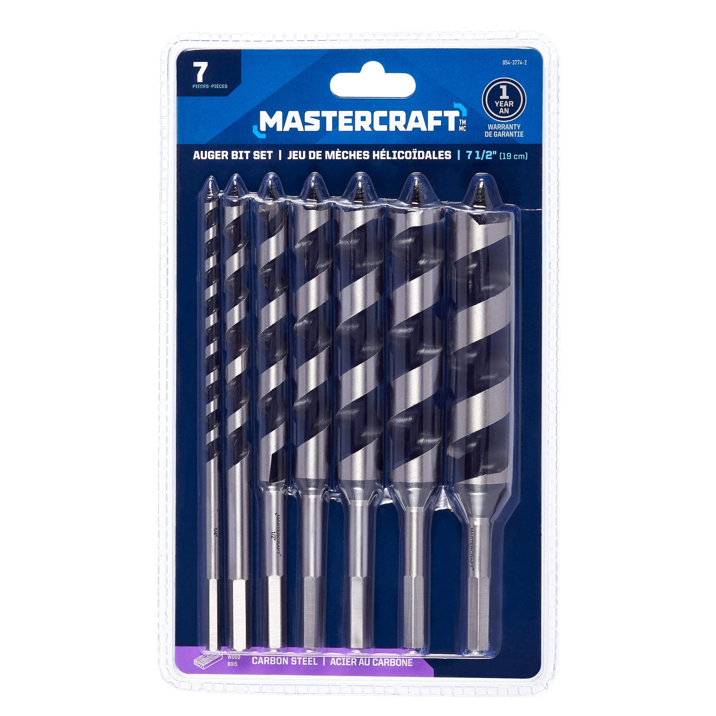 Mèches tarière Mastercraft en acier à carbone élevé, pour bois, 7,5 po, paq. 7 Front_Flat