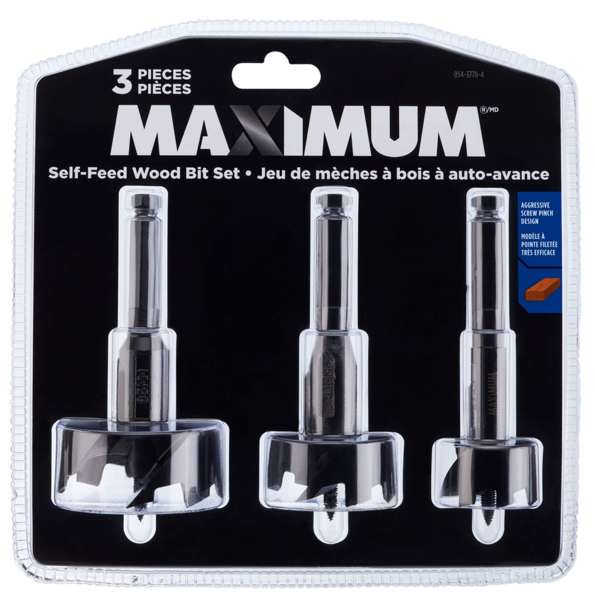 MAXIMUM Self-Feeding Drill Bit Set for Wood, 3-pc Front_Flat