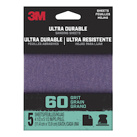3M 4-1/2 x 5-1/2-in Ultra Durable Aluminum Oxide 1/4 Sheet Sandpaper Sheets for Wood, Metal, Plastic, Masonry, 5-pk Front_Flat