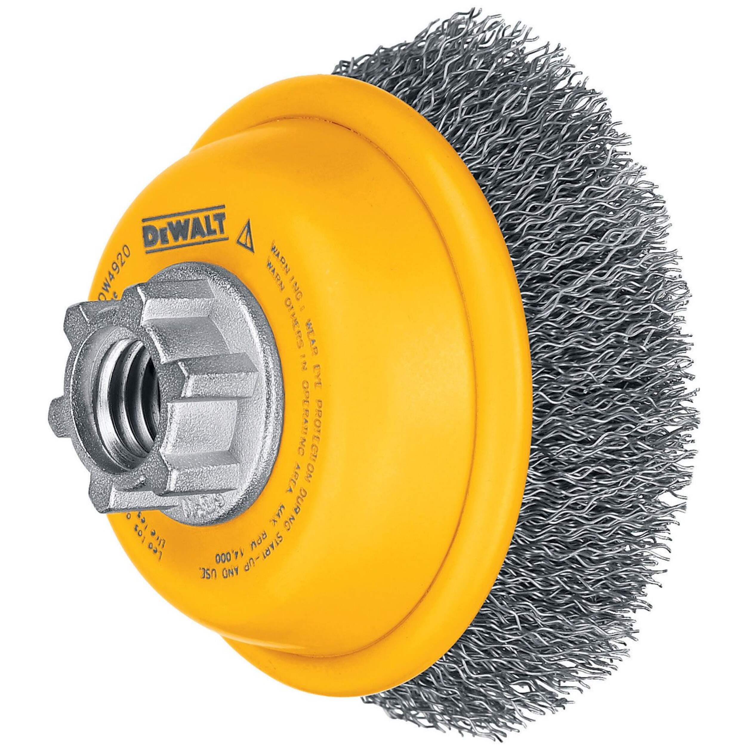 DEWALT DW4920 3 x 5/8-in-11 Crimped Carbon Steel Wire Wheel Brush Back_Angled_Left