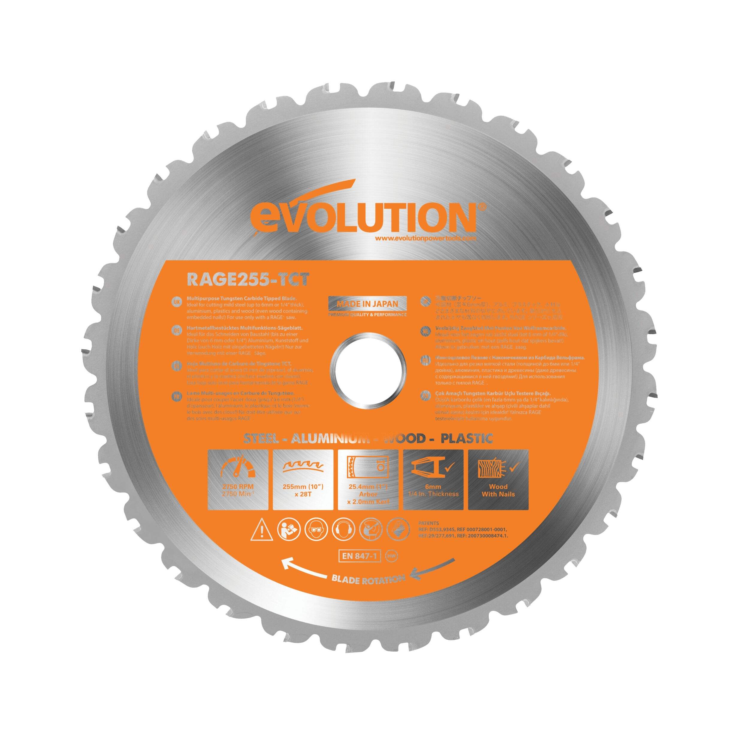 Evolution 10-in 28T Carbide Tipped Circular Saw Blade for Plastic, Wood, Steel Front_Flat