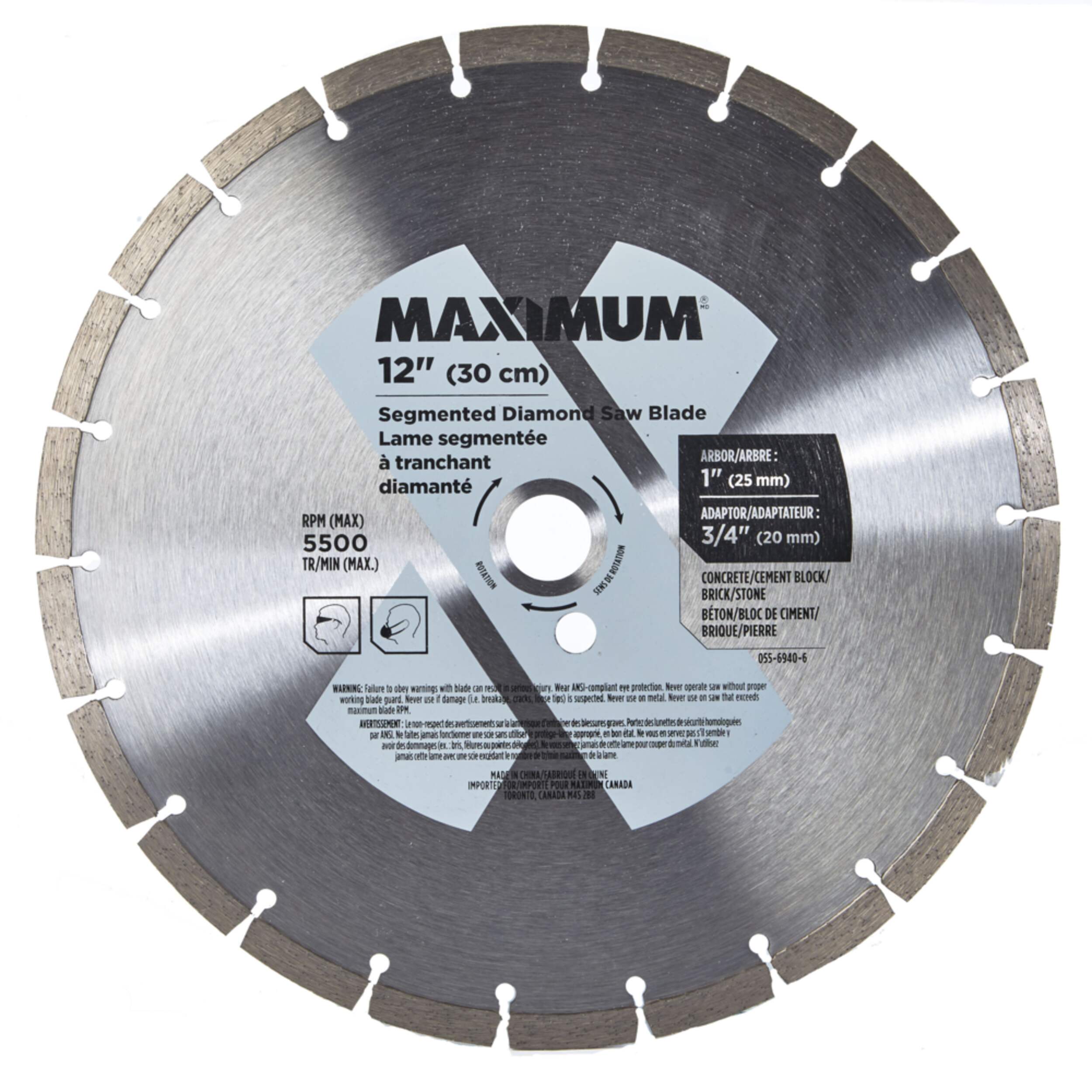 MAXIMUM 12-in 22T Segmented Diamond Coated Rim Blade for Concrete, Cement, Stone Front_Flat