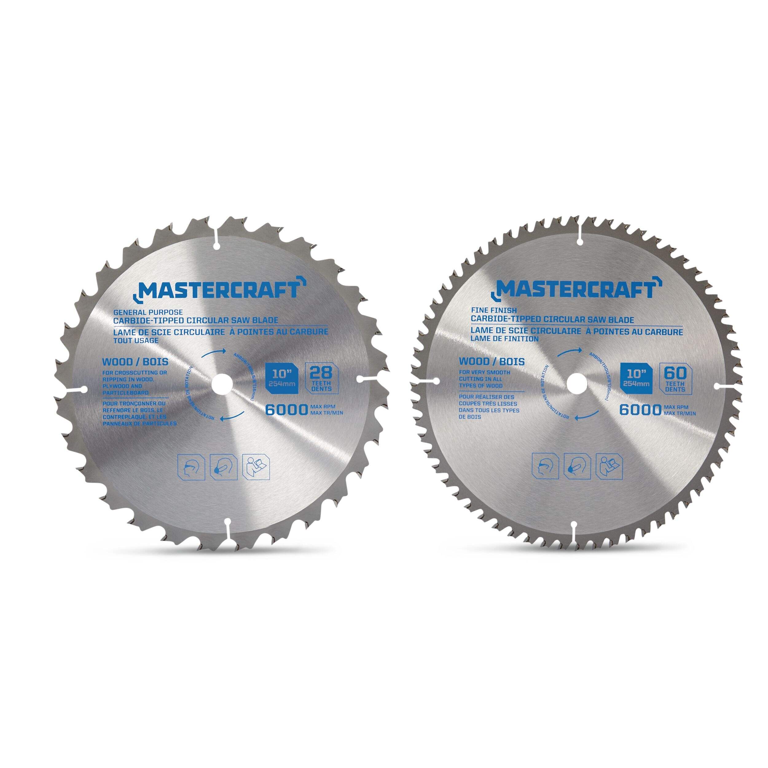 Lame de scie circulaire Mastercraft, 28 et 60 dents en carbure, pour le bois, 10 po, paq. 2 Front_Flat