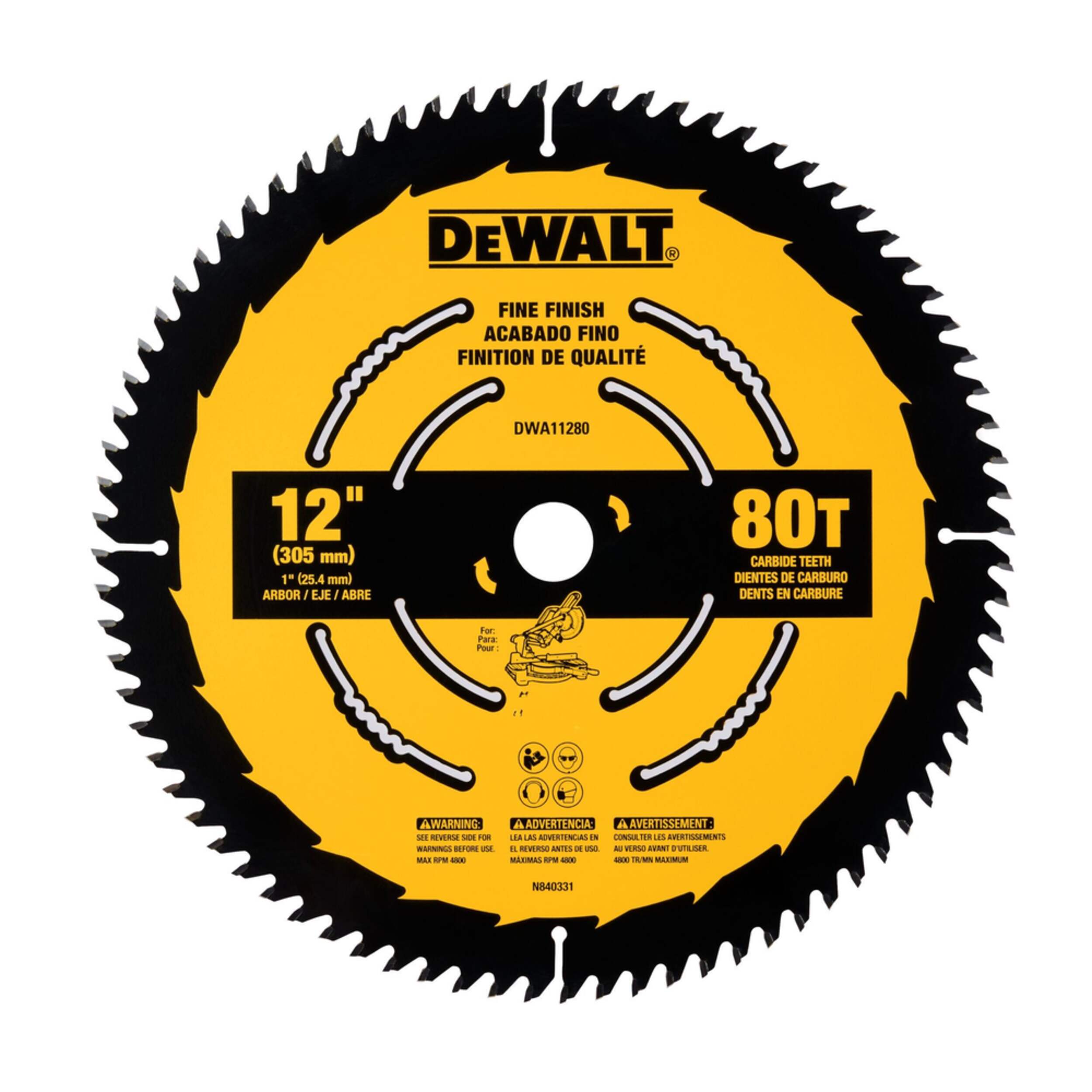 DEWALT DW3128 12-in 80T Carbide Tipped Circular Saw Blade for Wood Front_Flat