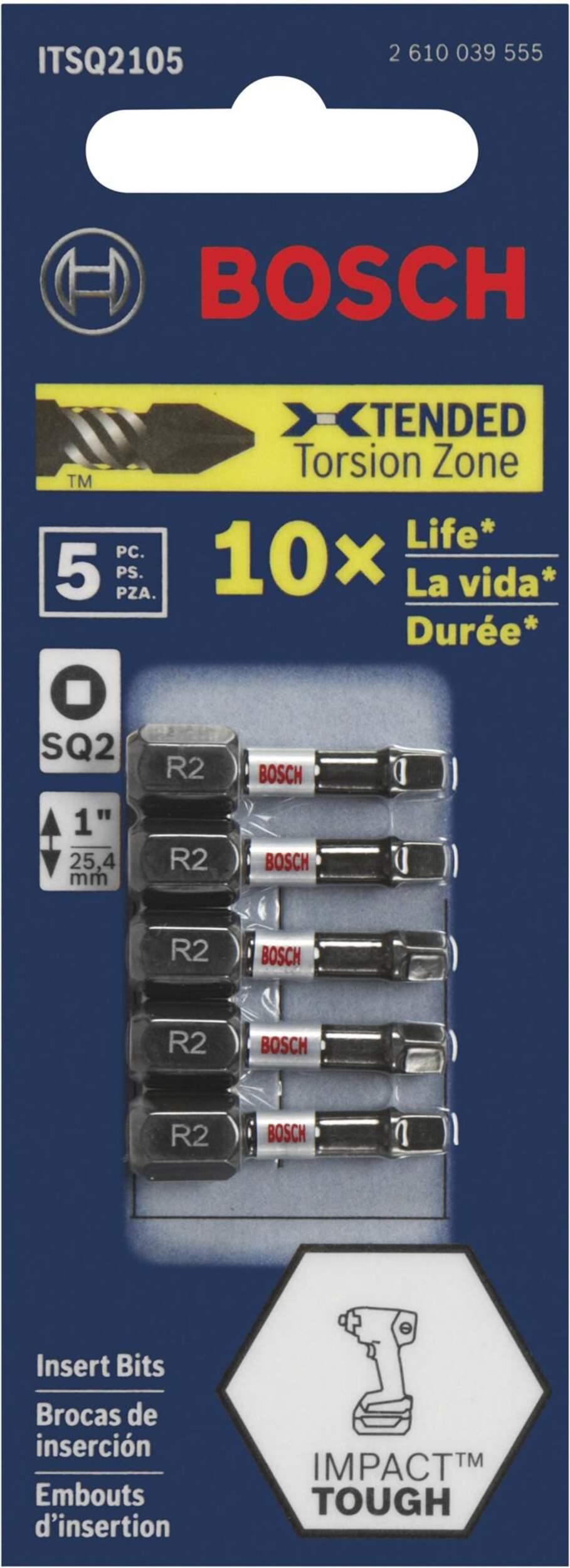 Bosch Impact Tough Robertson Insert Bits, 1-in, 5-pc Front_Flat