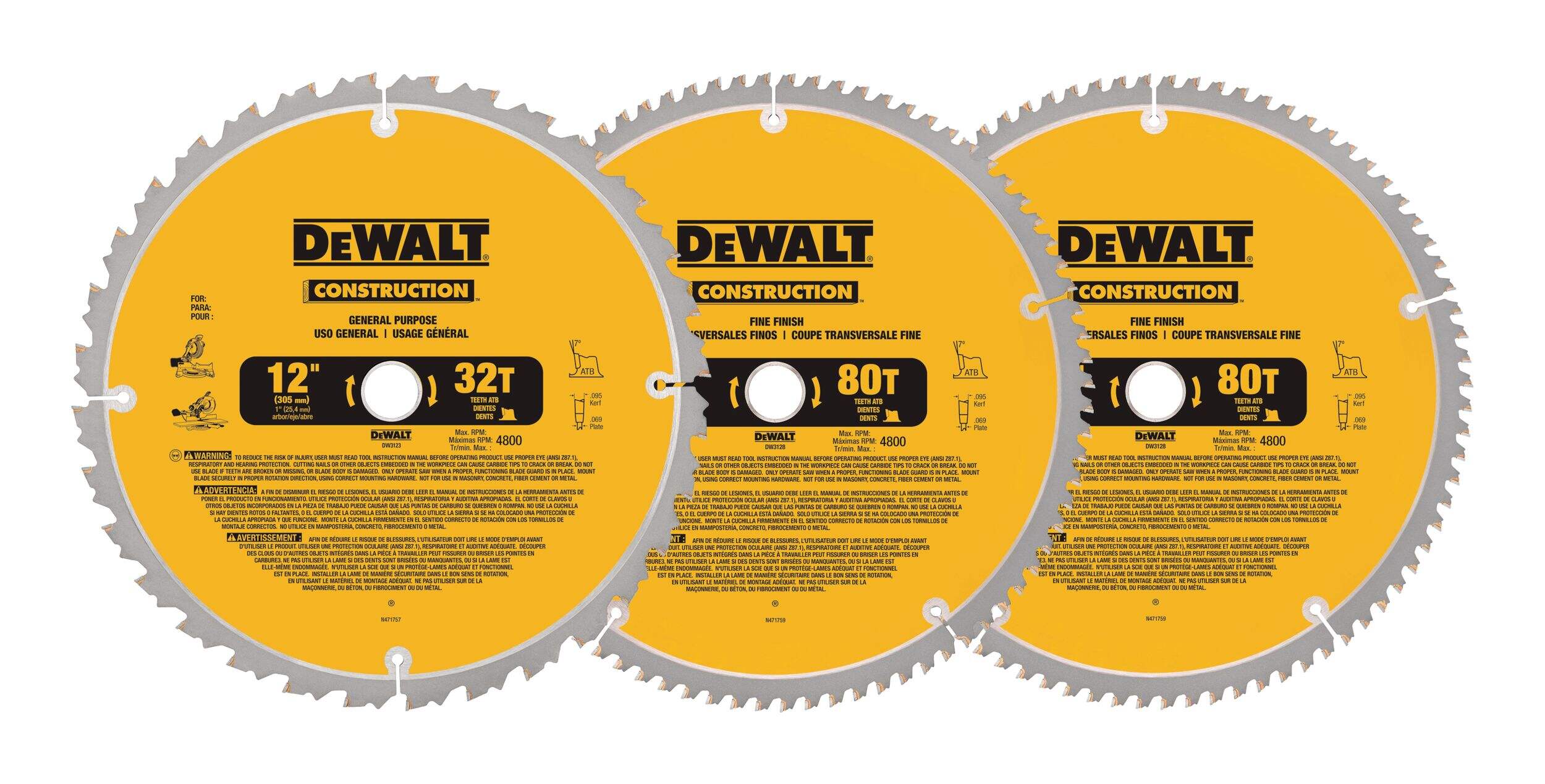 Lame de scie circulaire DEWALT, 32 et 2 x 80 dents en carbure, pour le bois, 12 po, paq. 3 Front_Flat