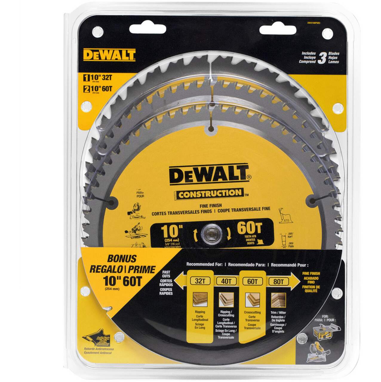 DEWALT DW3106P5B3C 10 in 32T 2 x 60T Carbide Tipped Circular Saw Blade Set for Wood Composite 3 pk