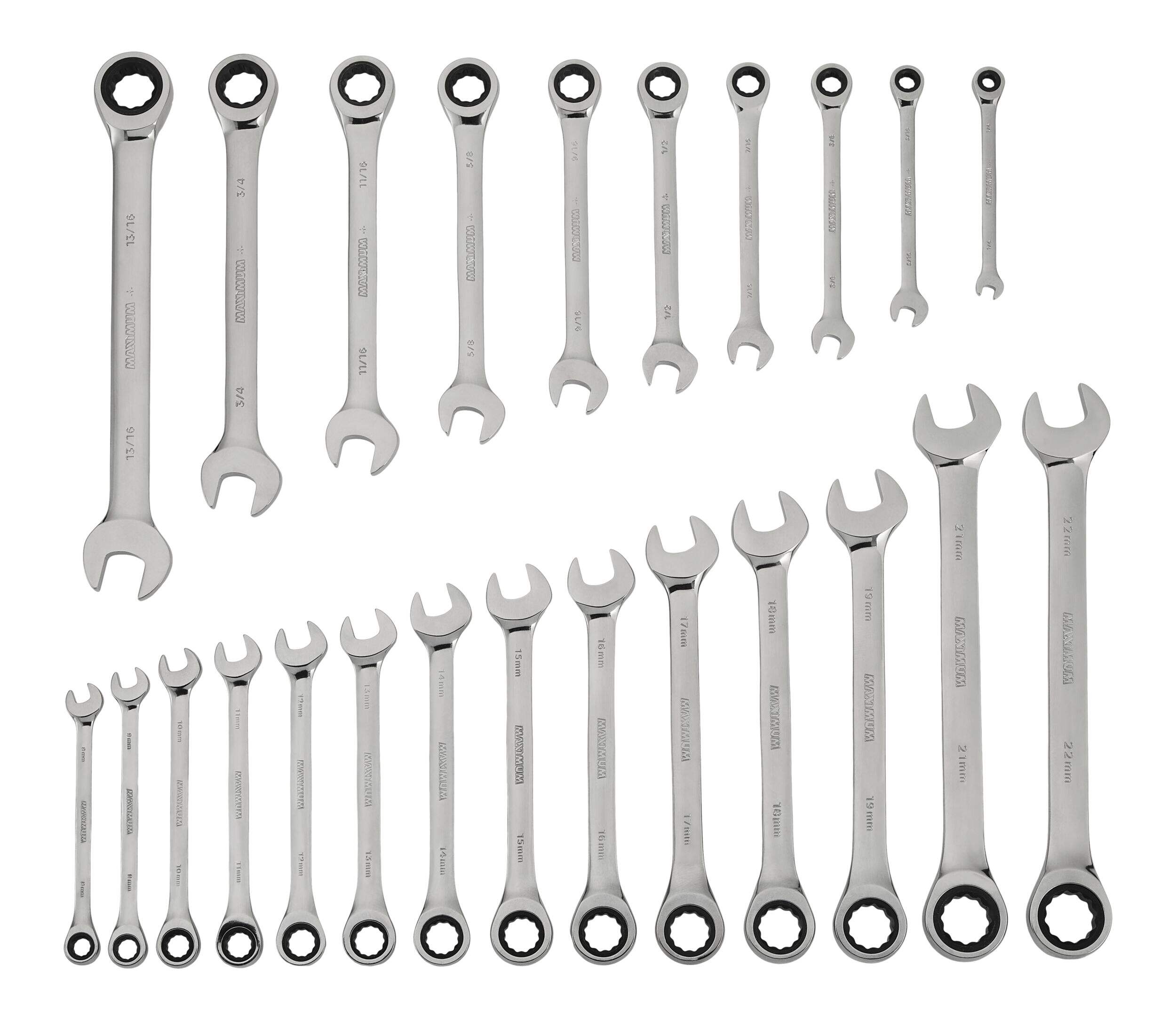 MAXIMUM Professional Grade Ratcheting Wrench Set, SAE/Metric, Nickel-Chrome Plating, 24-pc Front_Flat
