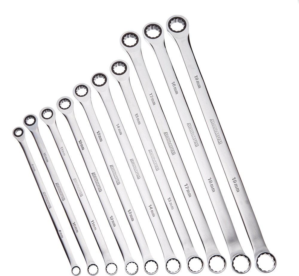 MAXIMUM ExtraLong BoxEnd Ratcheting Wrench Set, Metric, NickelChrome