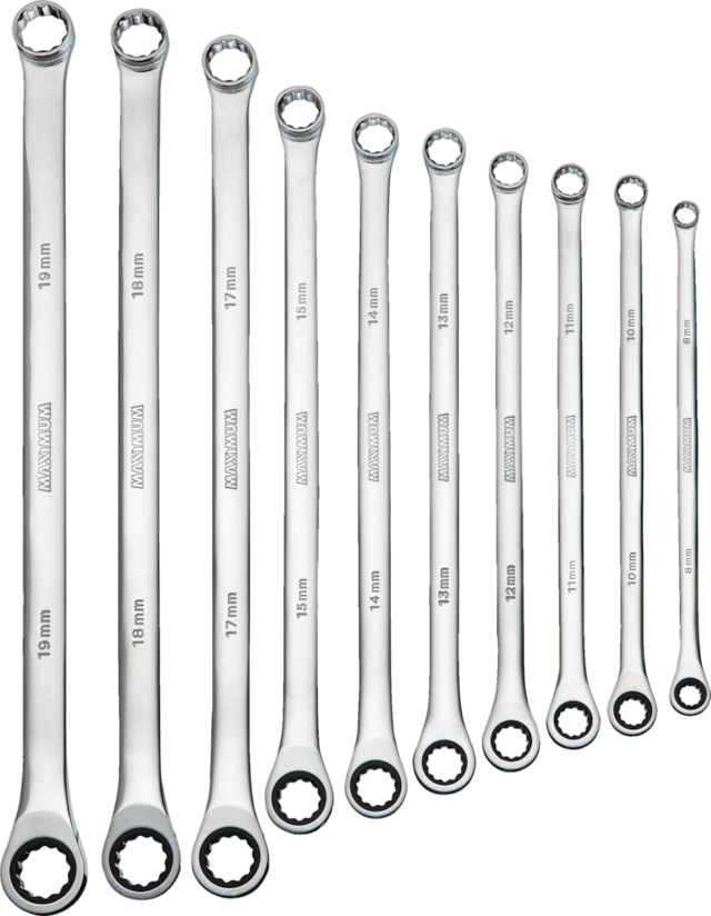 MAXIMUM ExtraLong BoxEnd Ratcheting Wrench Set, Metric, NickelChrome