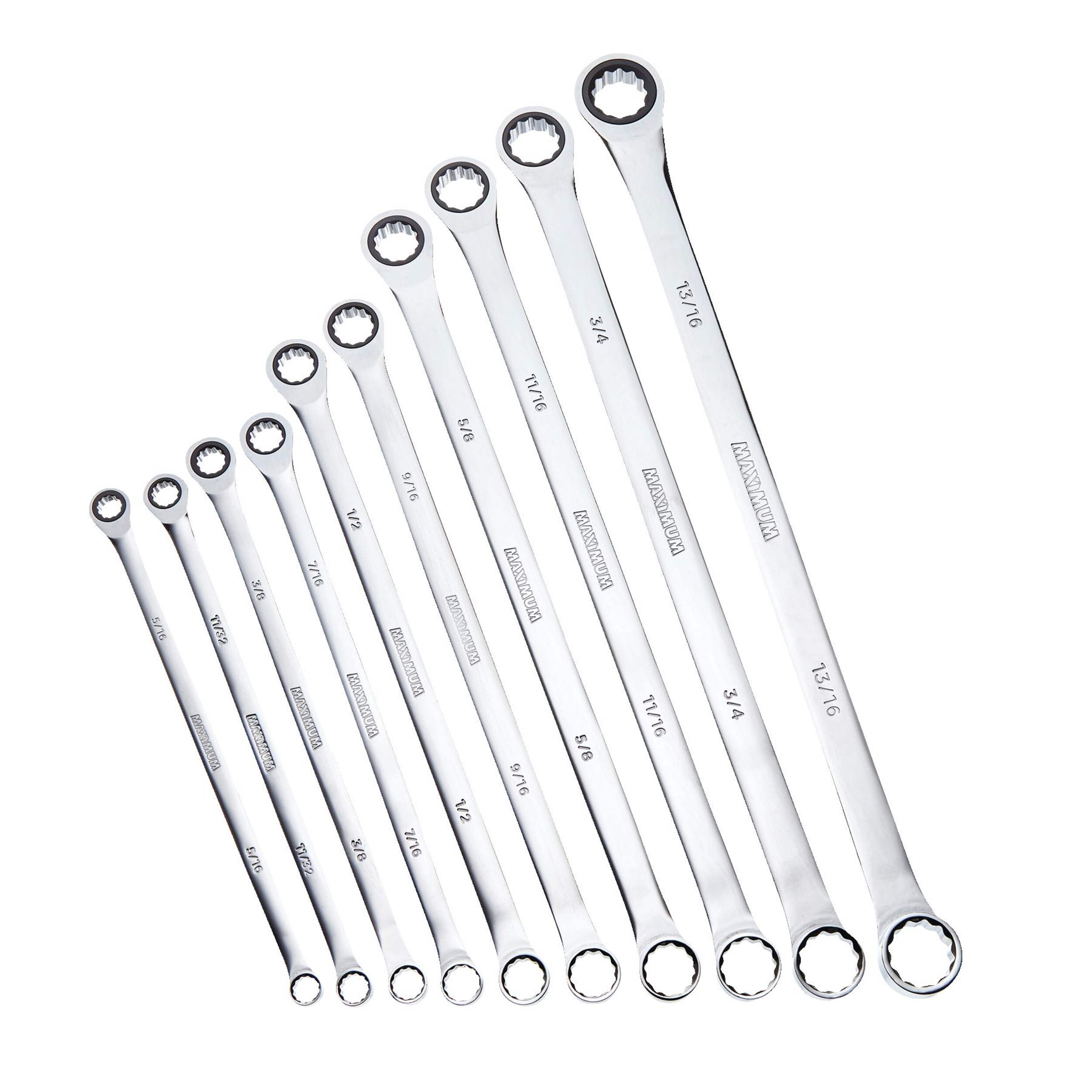 MAXIMUM Extra-Long Double Box-End Ratcheting Wrench Set, SAE, 10-pk Overhead_Flat