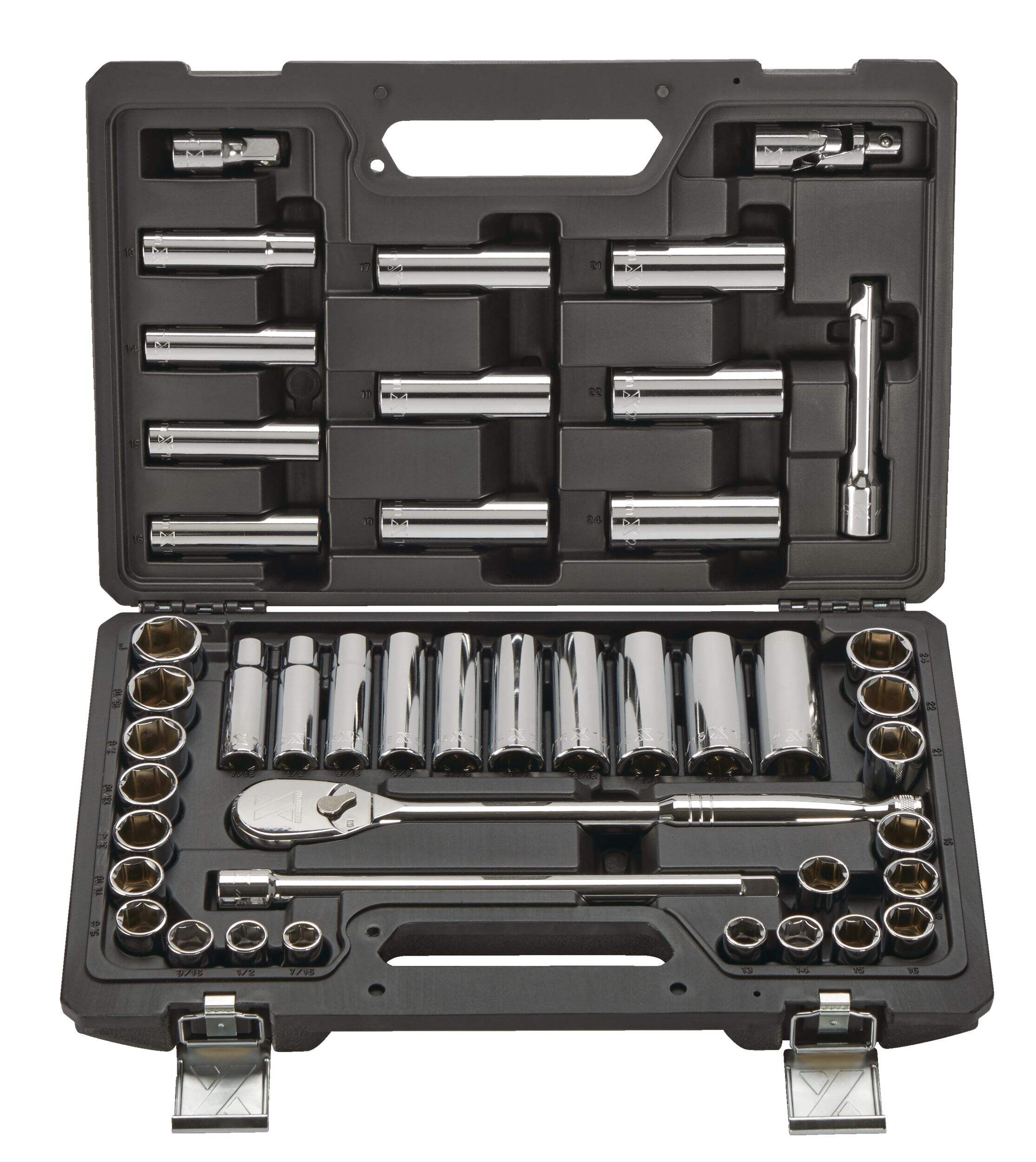 Jeu de douilles de qualité professionnelle à prise de 1/2 po MAXIMUM, 45&nbsp;pc, SAE/métrique, CRV, placage nickel/chrome Front_Elevated