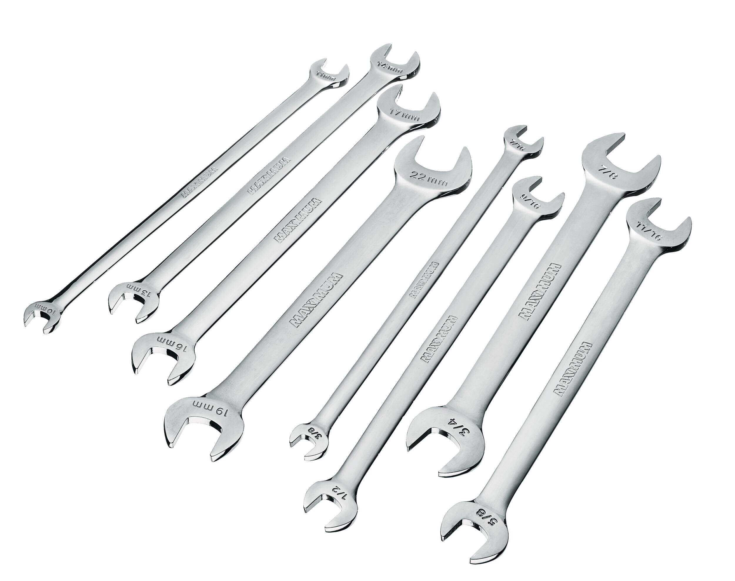 MAXIMUM Thin Profile Wrench Set, SAE/Metric, Nickel-Chrome Plating, 8-pc Front_Three_Fourths_Angled_Right