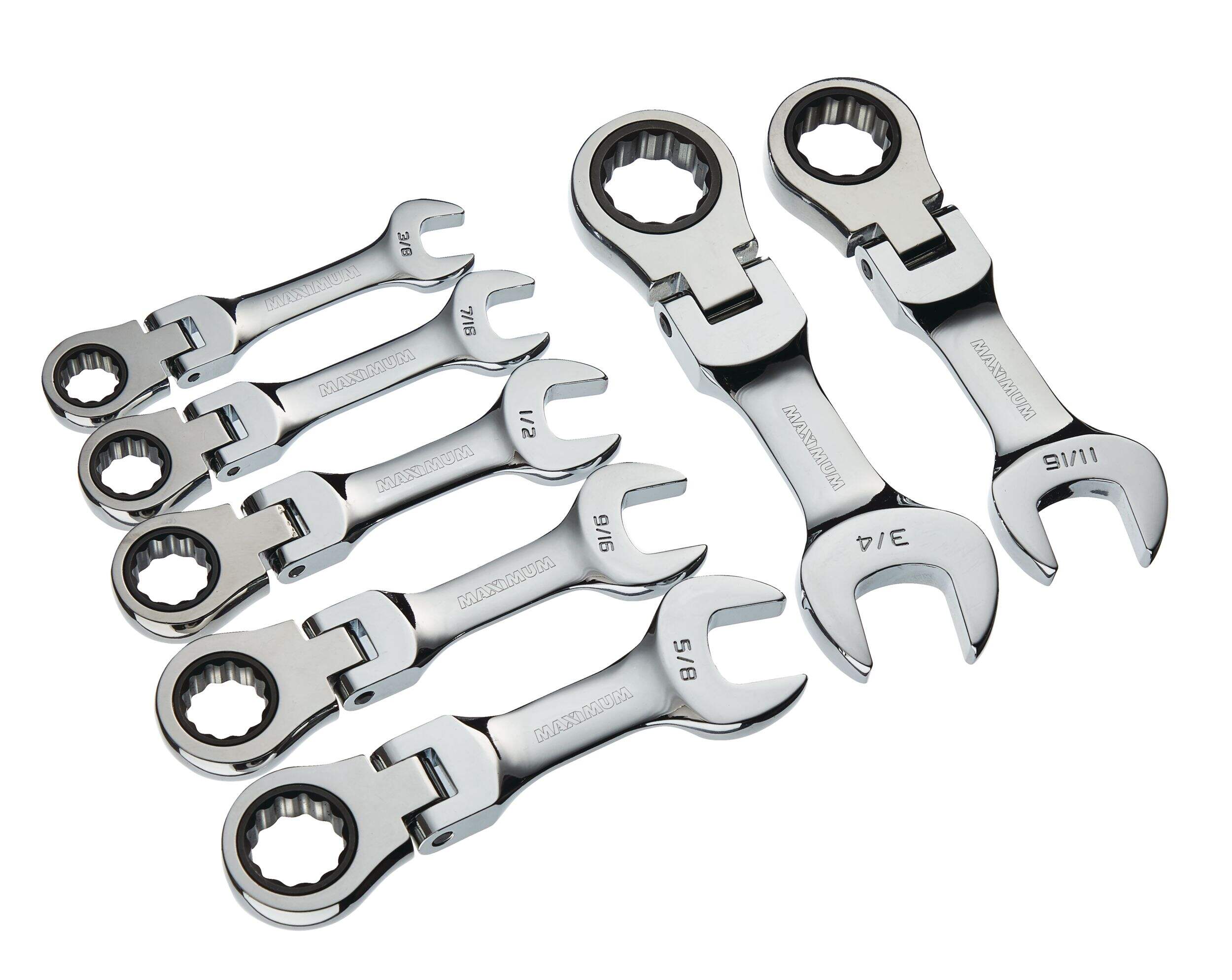 MAXIMUM Stubby Flex Head Ratcheting Wrench Set, SAE, Nickel-Chrome Plating, 7-pc Composite_or_Mixed