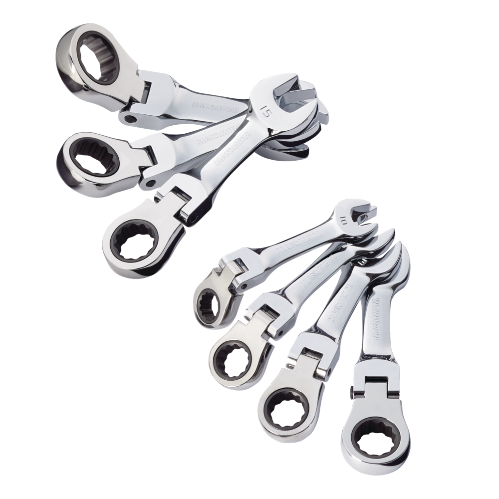 MAXIMUM Stubby Flex Head Ratcheting Wrench Set, Metric, 7-pc