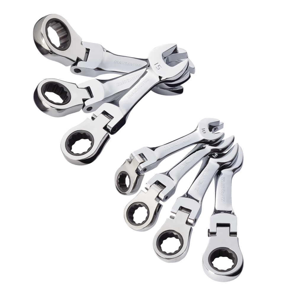 MAXIMUM Stubby Flex Head Ratcheting Wrench Set, Metric, 7pc Canadian