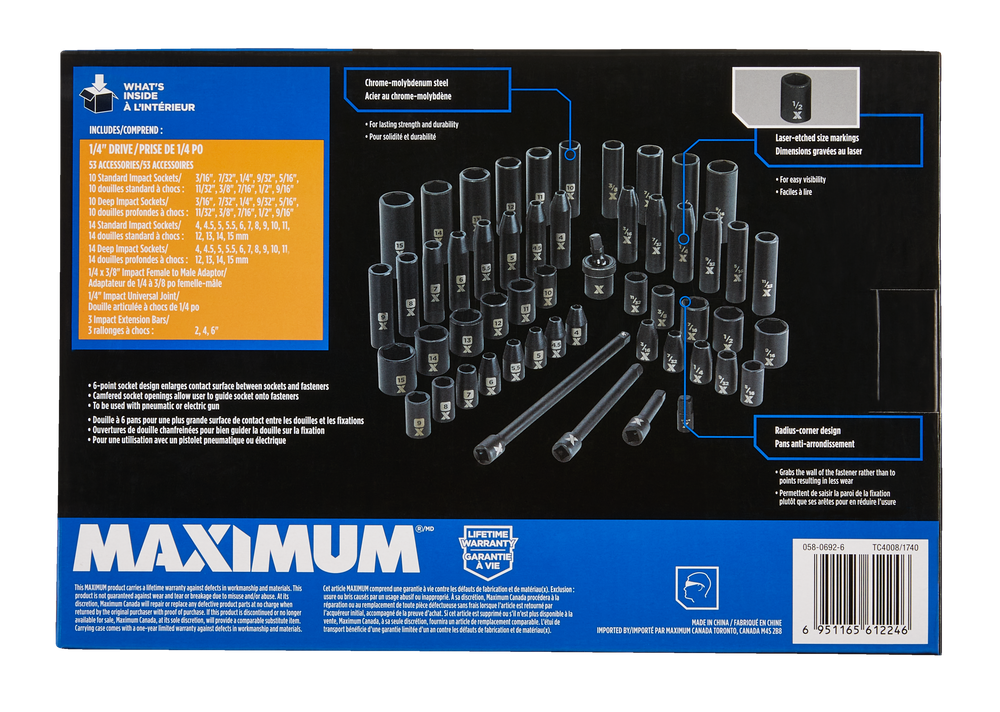 MAXIMUM 1/4in Drive Impact Socket Set, 53pc Canadian Tire