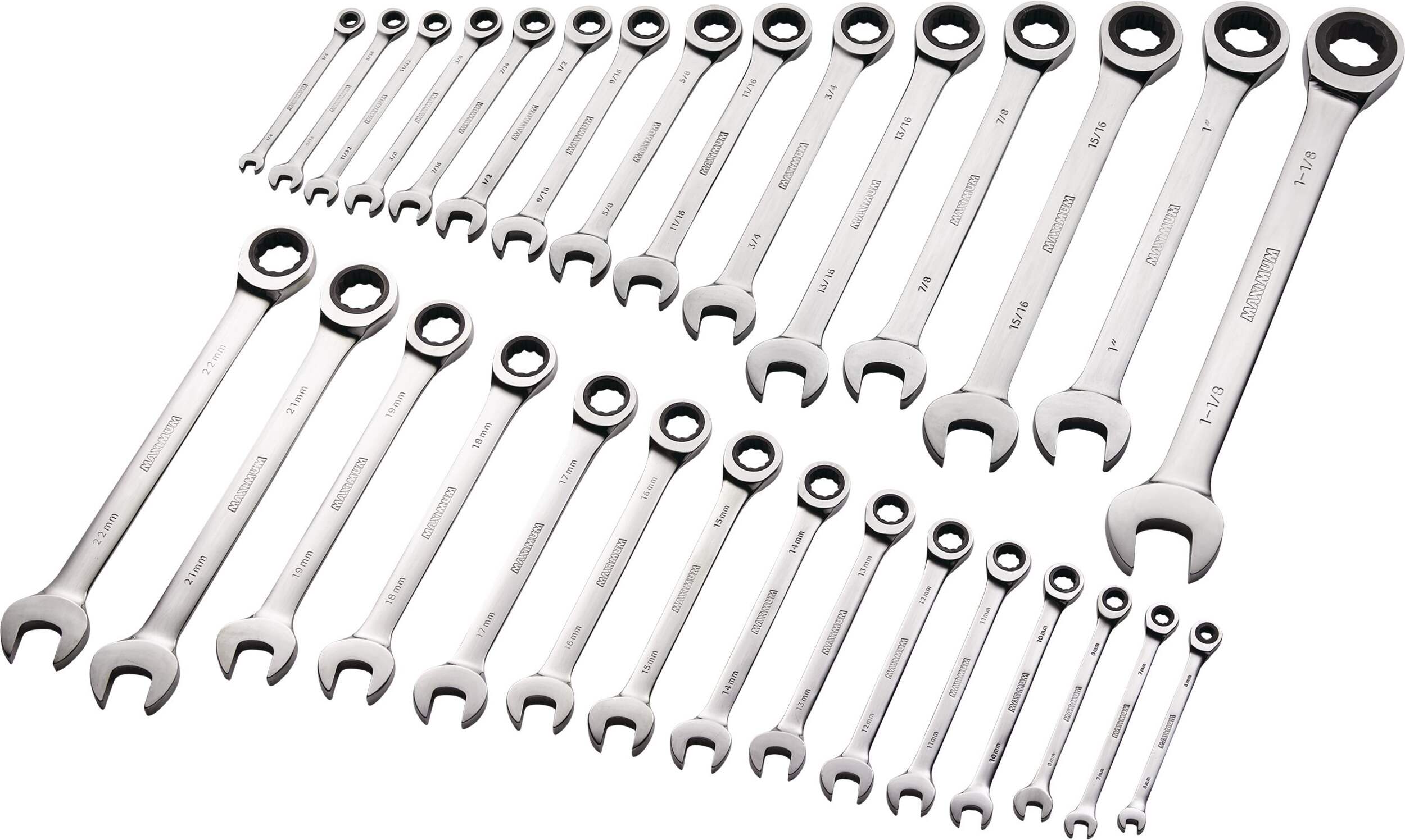 MAXIMUM Professional Grade Ratcheting Wrench Set, SAE/Metric, Nickel-Chrome Plating, 30-pc Front_Three_Fourths_Angled_Left