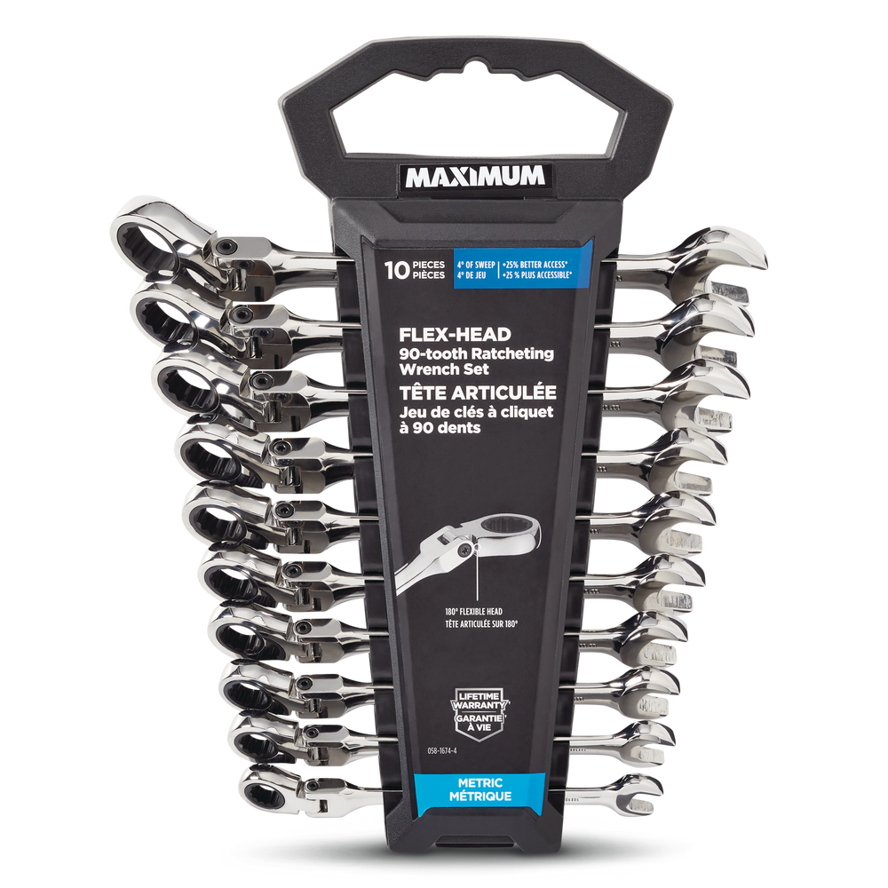 MAXIMUM 90Tooth Flex Head Ratcheting Wrench Set, Metric, 10pc