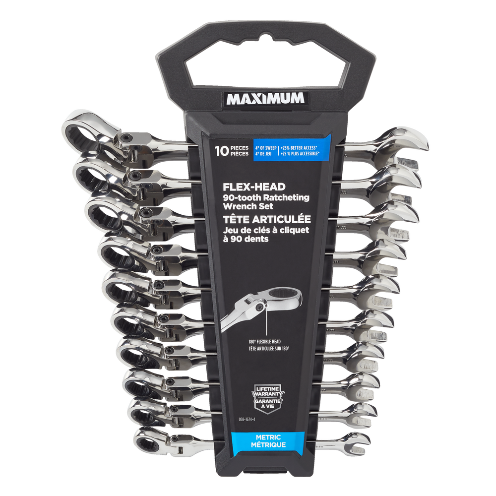 MAXIMUM 90Tooth Flex Head Ratcheting Wrench Set, Metric, 10pc