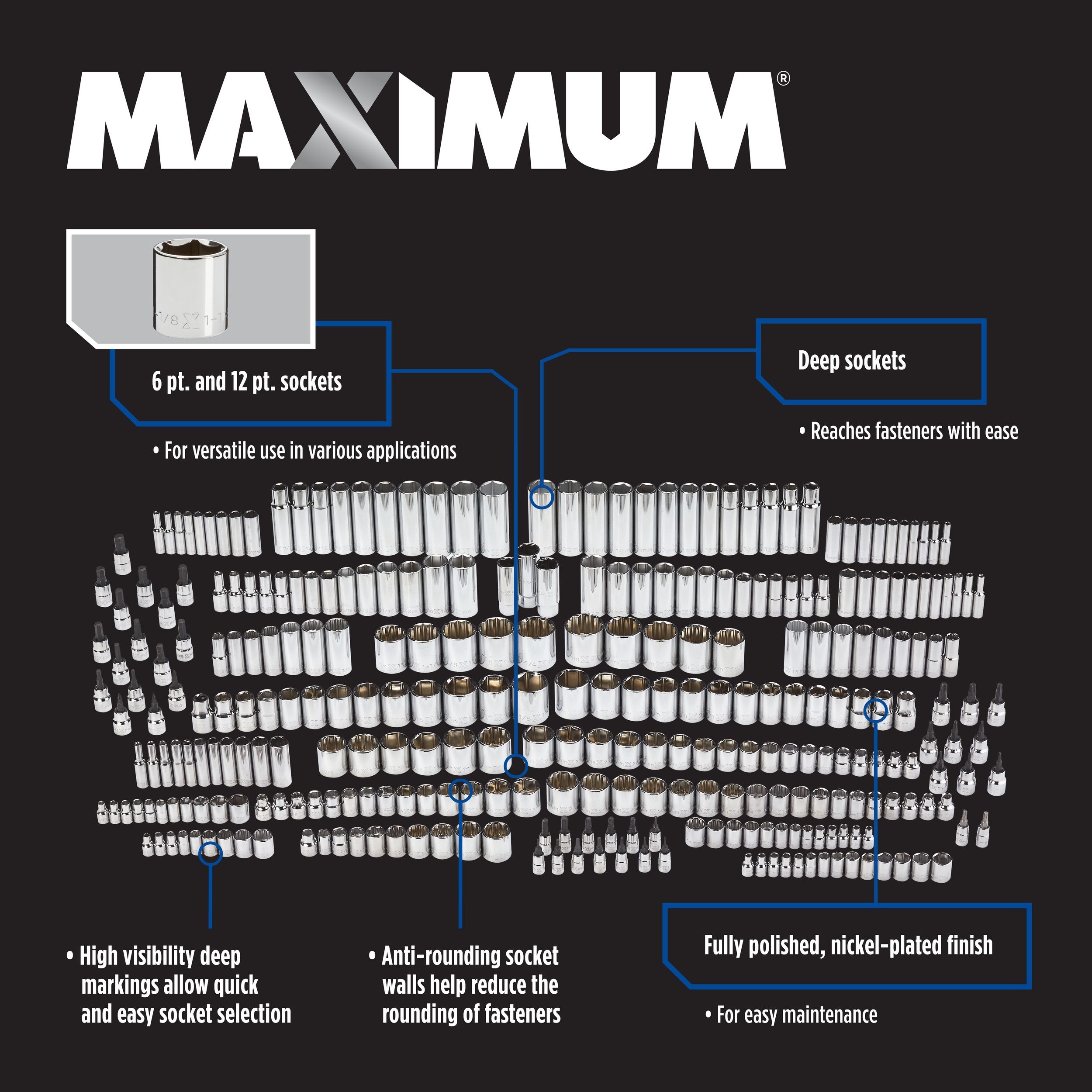 MAXIMUM Master Socket Set, 300-pc, CRV, Nickel-Chrome Plating