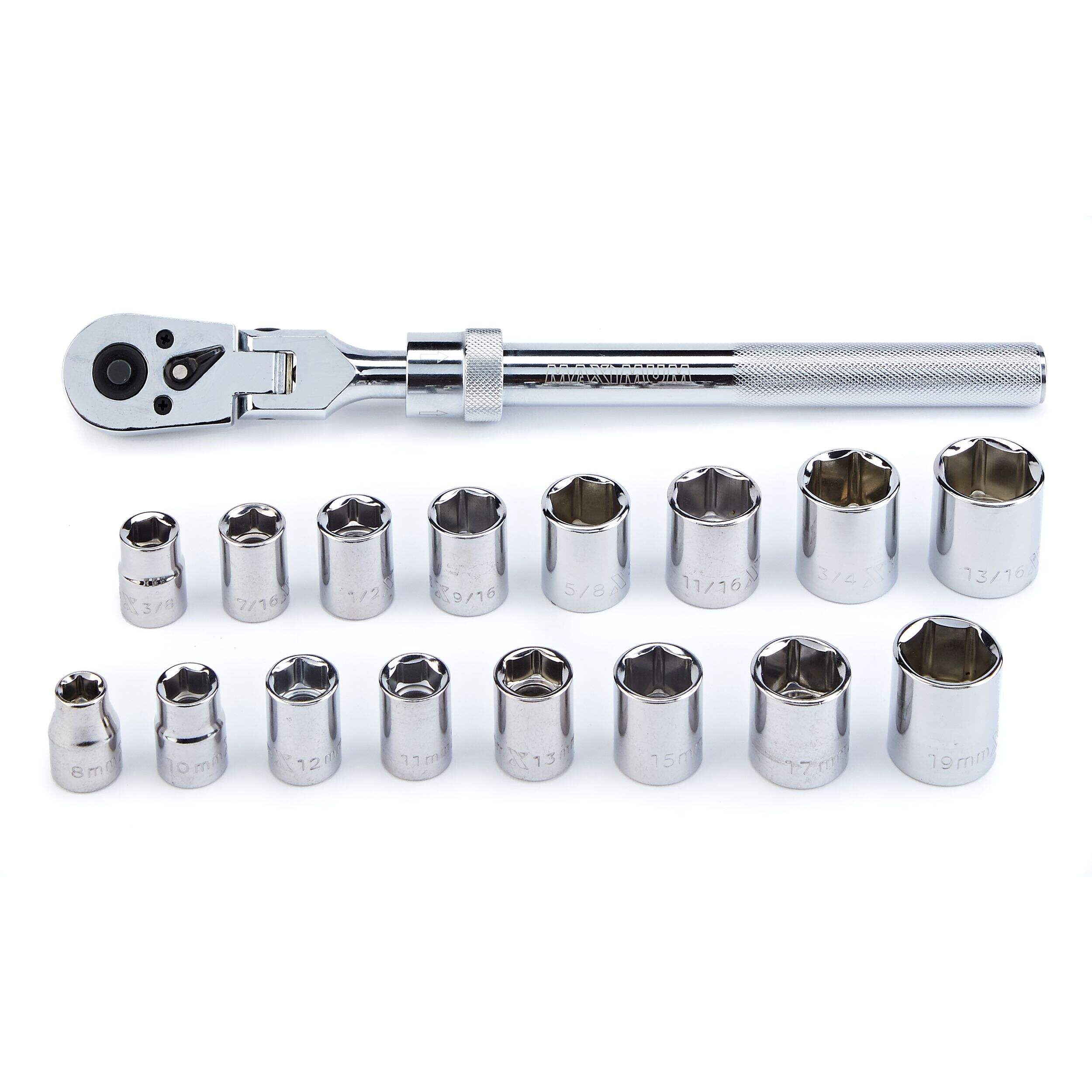 MAXIMUM 3/8-in Drive Flexhead Extendable Ratchet Socket Set 17-pc, CRV, Nickel-Chrome Plating Composite_or_Mixed