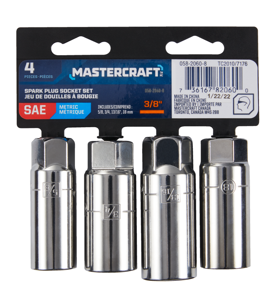Mastercraft 3/8in Drive, Spark Plug Socket Set, 4pc CRV, Nickel
