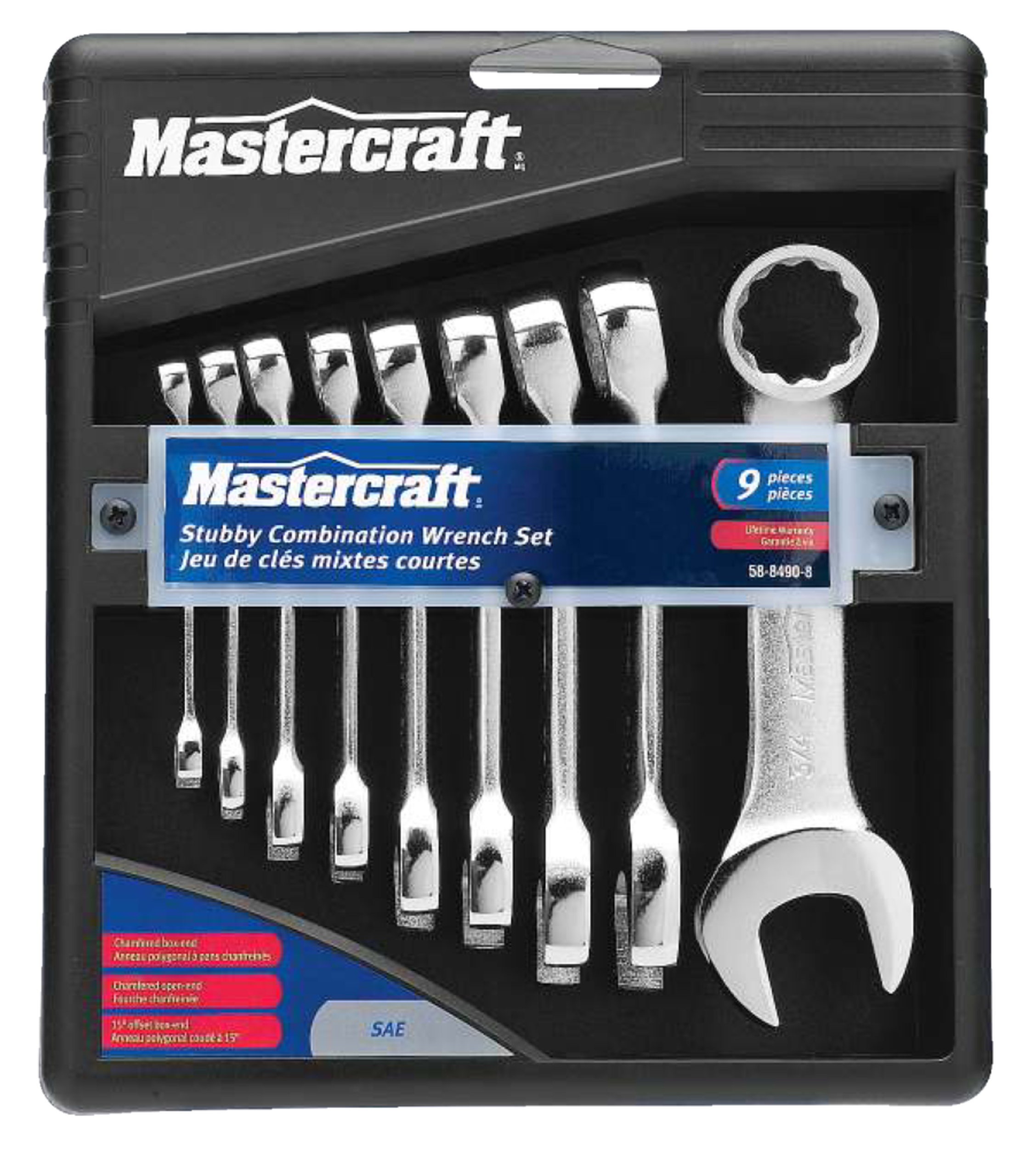 Mastercraft Combination Wrench Set, 9-pc, Assorted Sizes, SAE/Metric, CRV, Satin Front_Flat