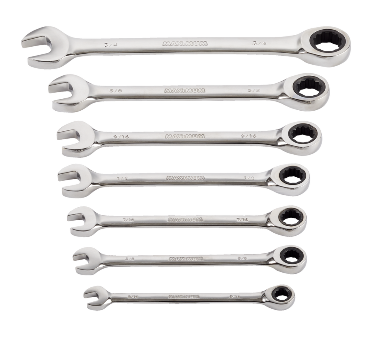 MAXIMUM Ratcheting Wrench Set, SAE, Nickel-Chrome Plating, 7-pc