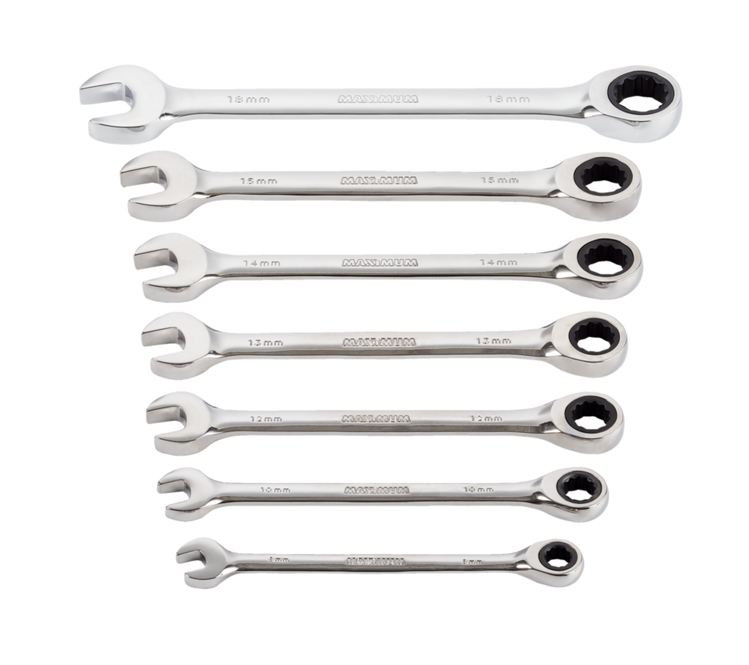 MAXIMUM Ratcheting Wrench Set, Metric, NickelChrome Plating, 7pc