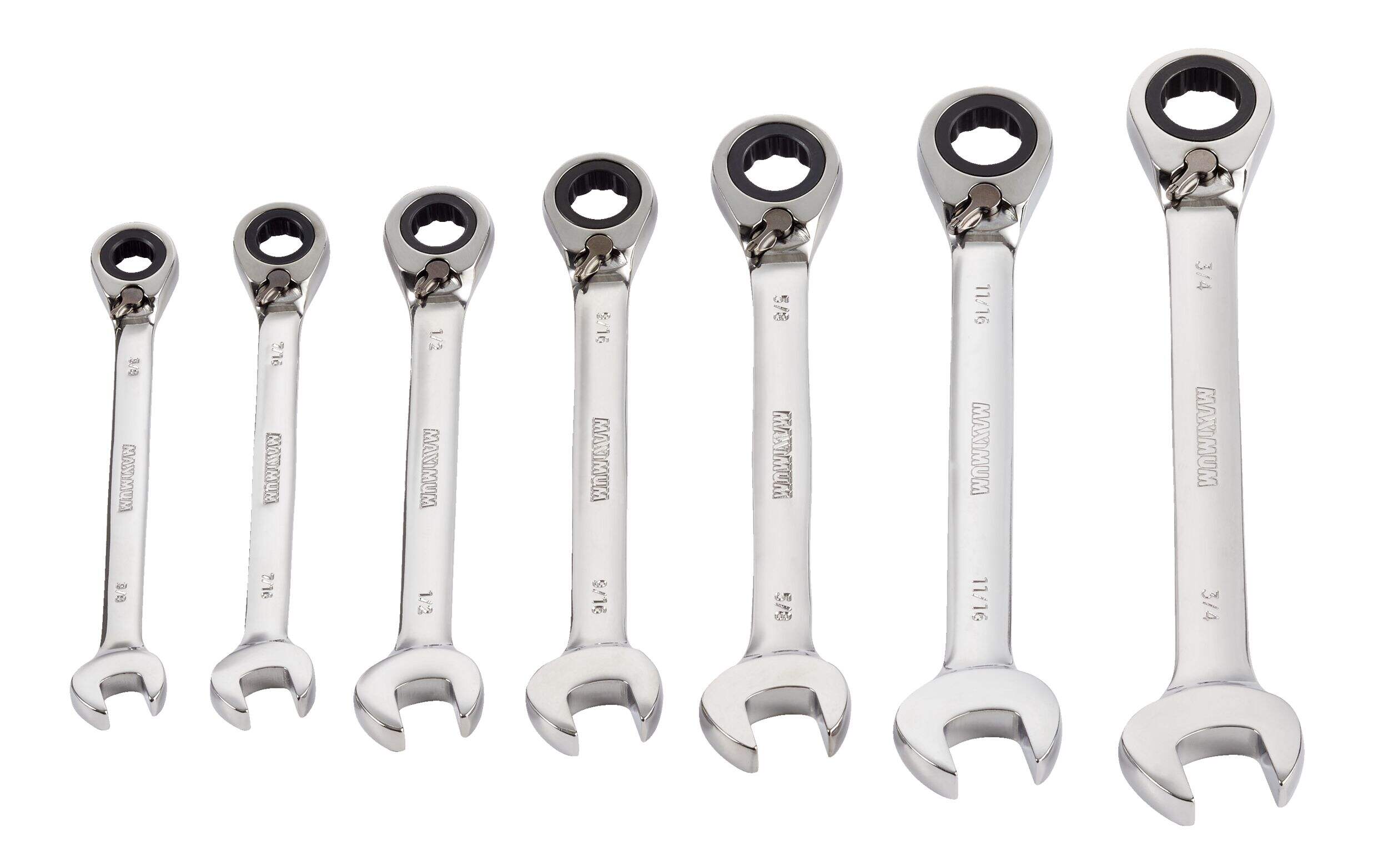 MAXIMUM Reverse Ratcheting Wrench Set, 7-pc, SAE, Nickel-Chrome Plating Front_Elevated