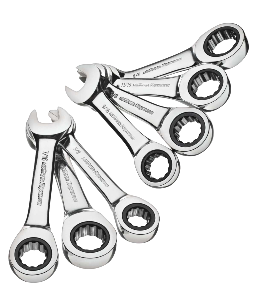 MAXIMUM Stubby Ratcheting Wrench Set, 7pc SAE, CRV, NickelChrome