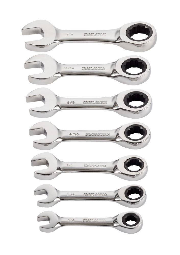 MAXIMUM Stubby Ratcheting Wrench Set, 7-pc SAE, CRV, Nickel-Chrome ...