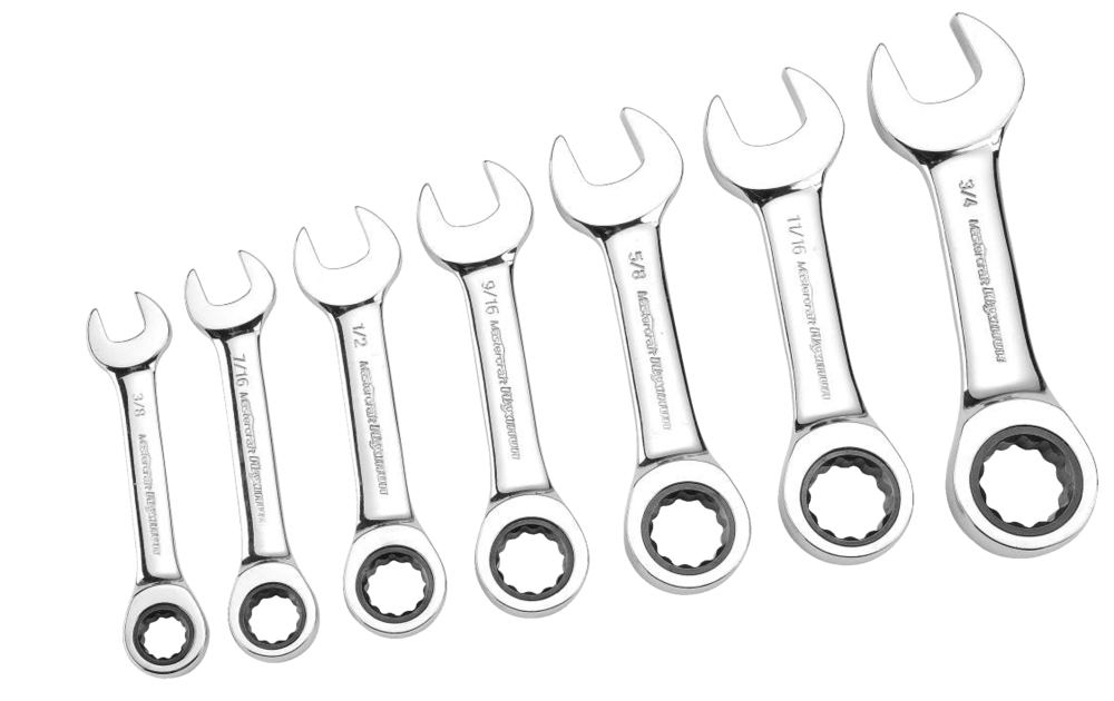 MAXIMUM Stubby Ratcheting Wrench Set, 7pc SAE, CRV, NickelChrome