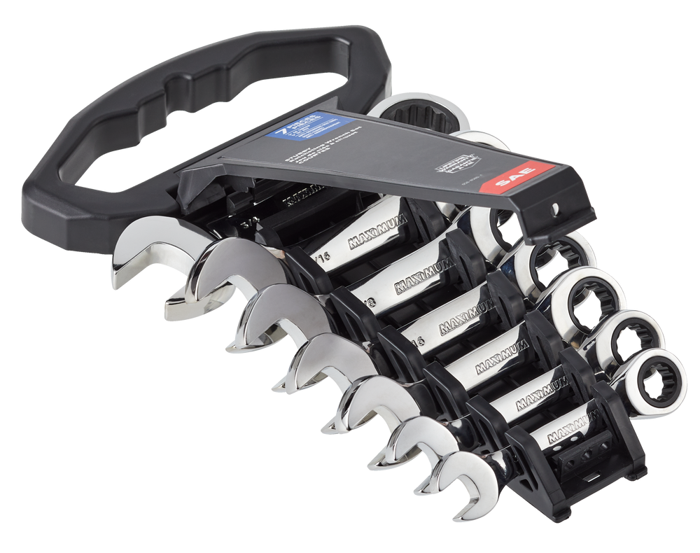 MAXIMUM Stubby Ratcheting Wrench Set, SAE, NickelChrome Plating, 7pc