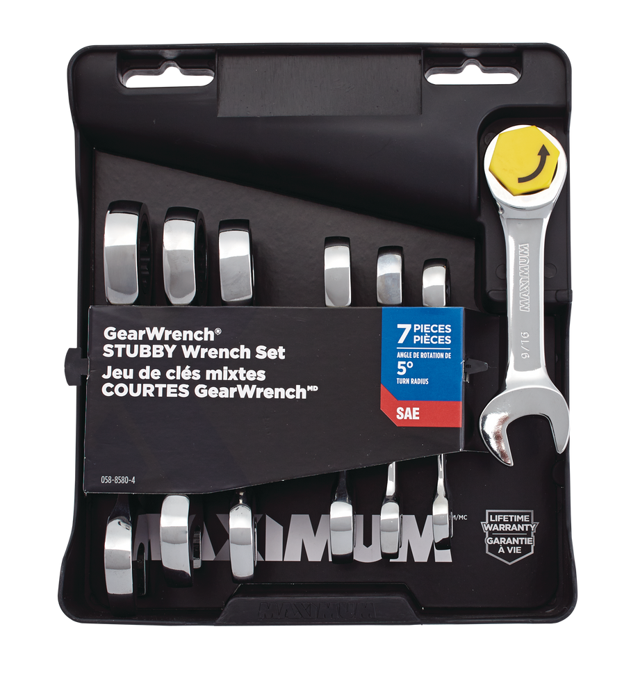 MAXIMUM Stubby Ratcheting Wrench Set, 7pc SAE, CRV, NickelChrome