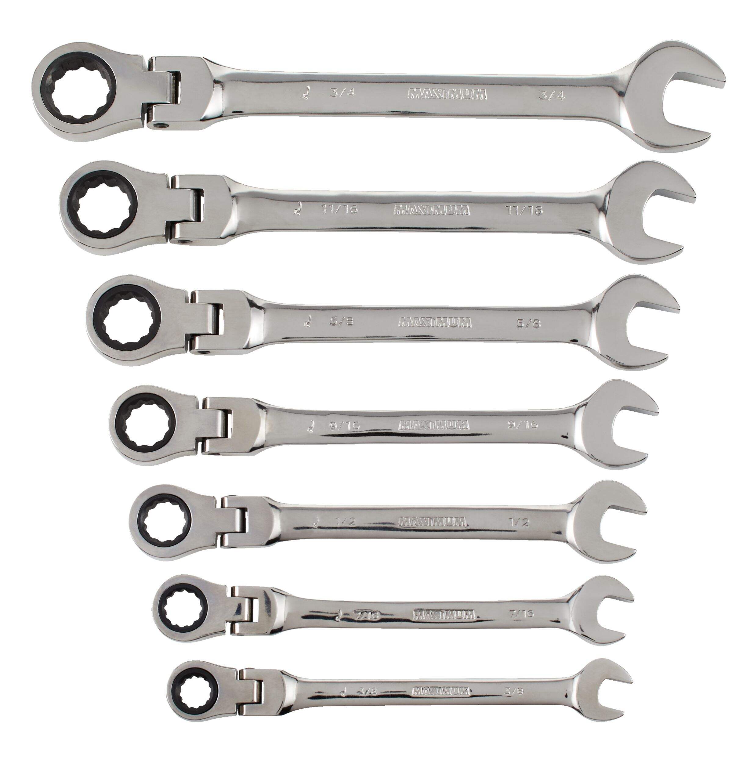 MAXIMUM Flexhead Ratcheting Wrench Set, Alloy Steel, SAE, 7-pc Overhead_Flat
