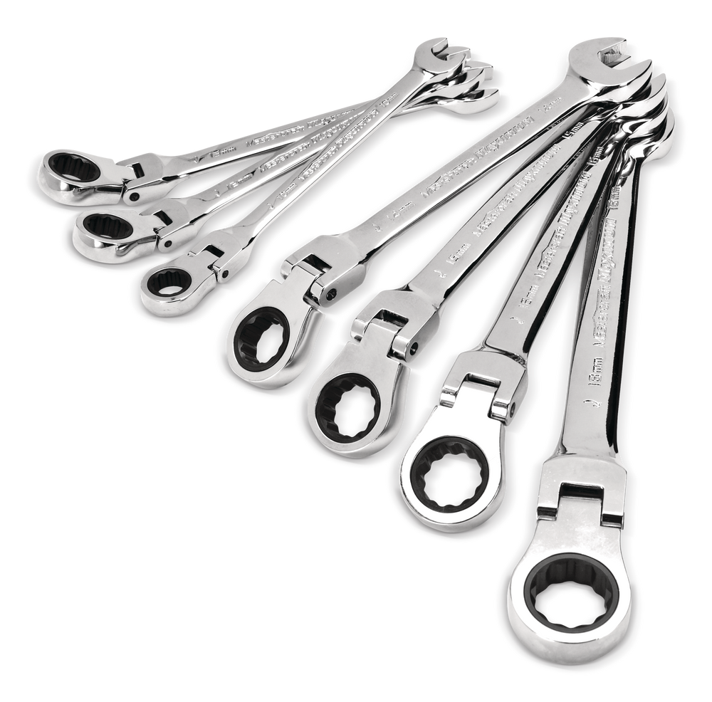 MAXIMUM Flexhead Ratcheting Wrench Set, 7pc Metric, CRV, NickelChrome