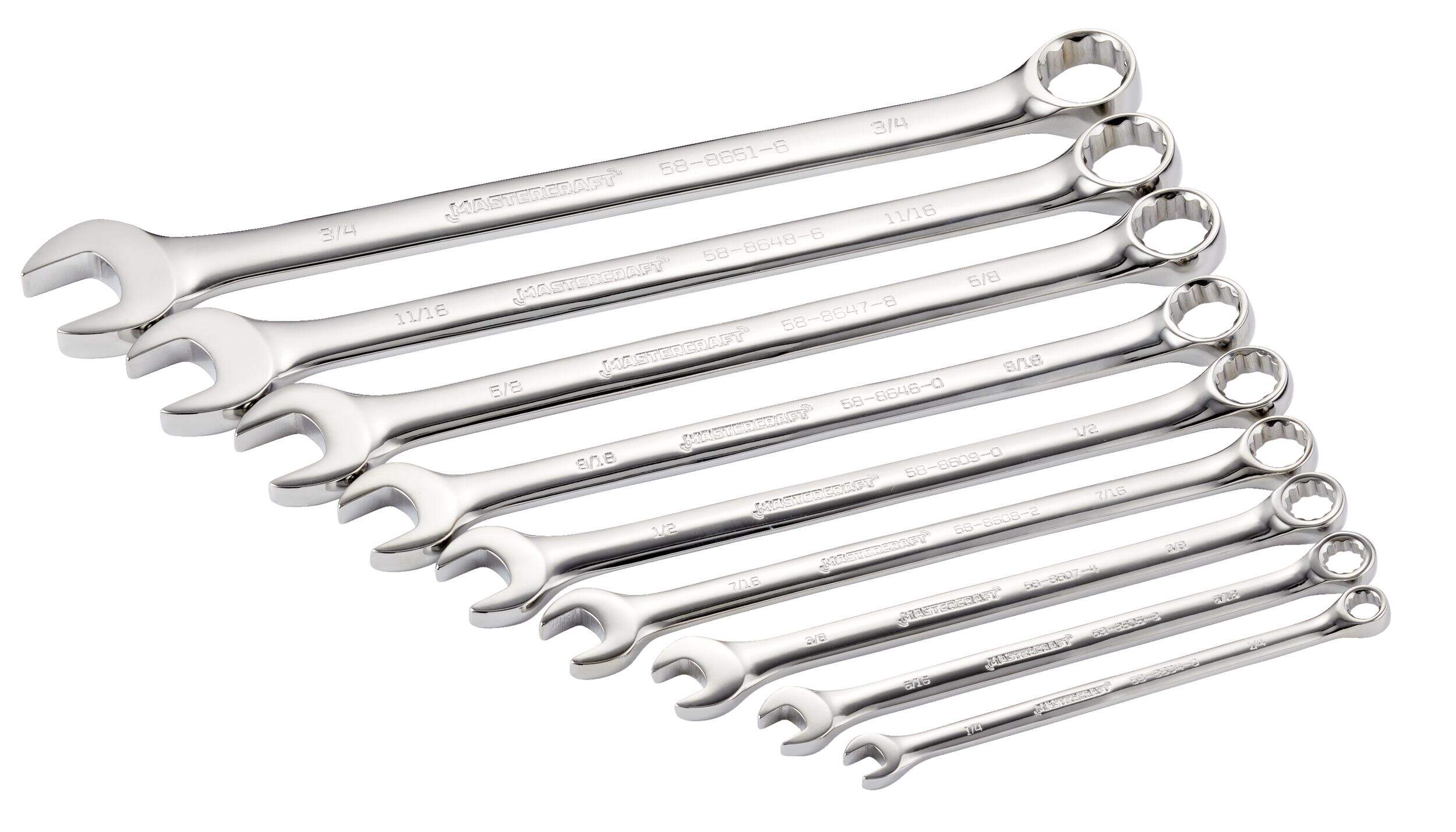Mastercraft Combination Wrench Set, SAE, Nickel-Chrome Plating, 9-pc Overhead_Plunge