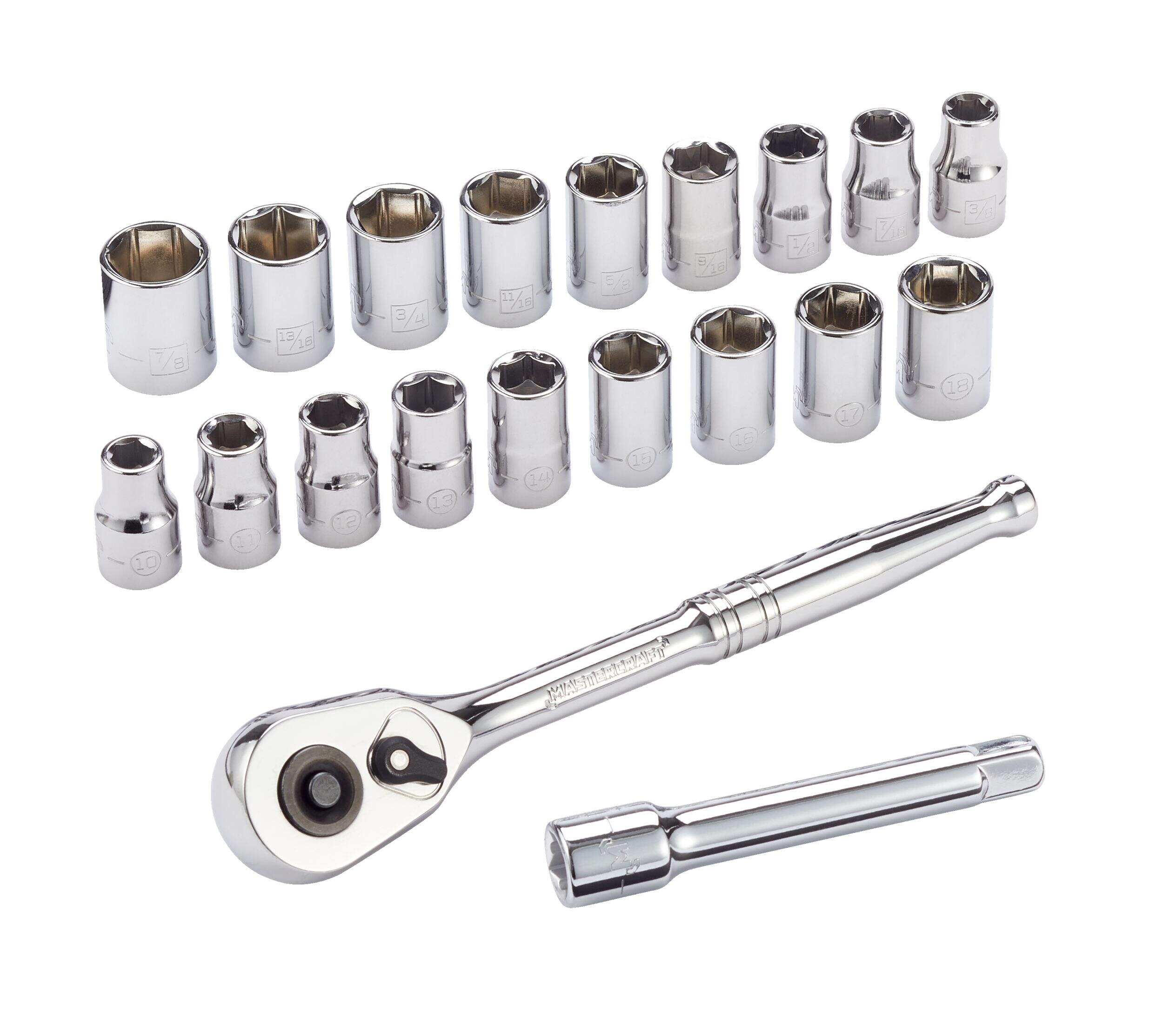 Mastercraft Socket Set, 1/2-in Drive, SAE / Metric, CRV, Nickel-Chrome Plating, 20-pc Front_Three_Fourths_Angled_Right