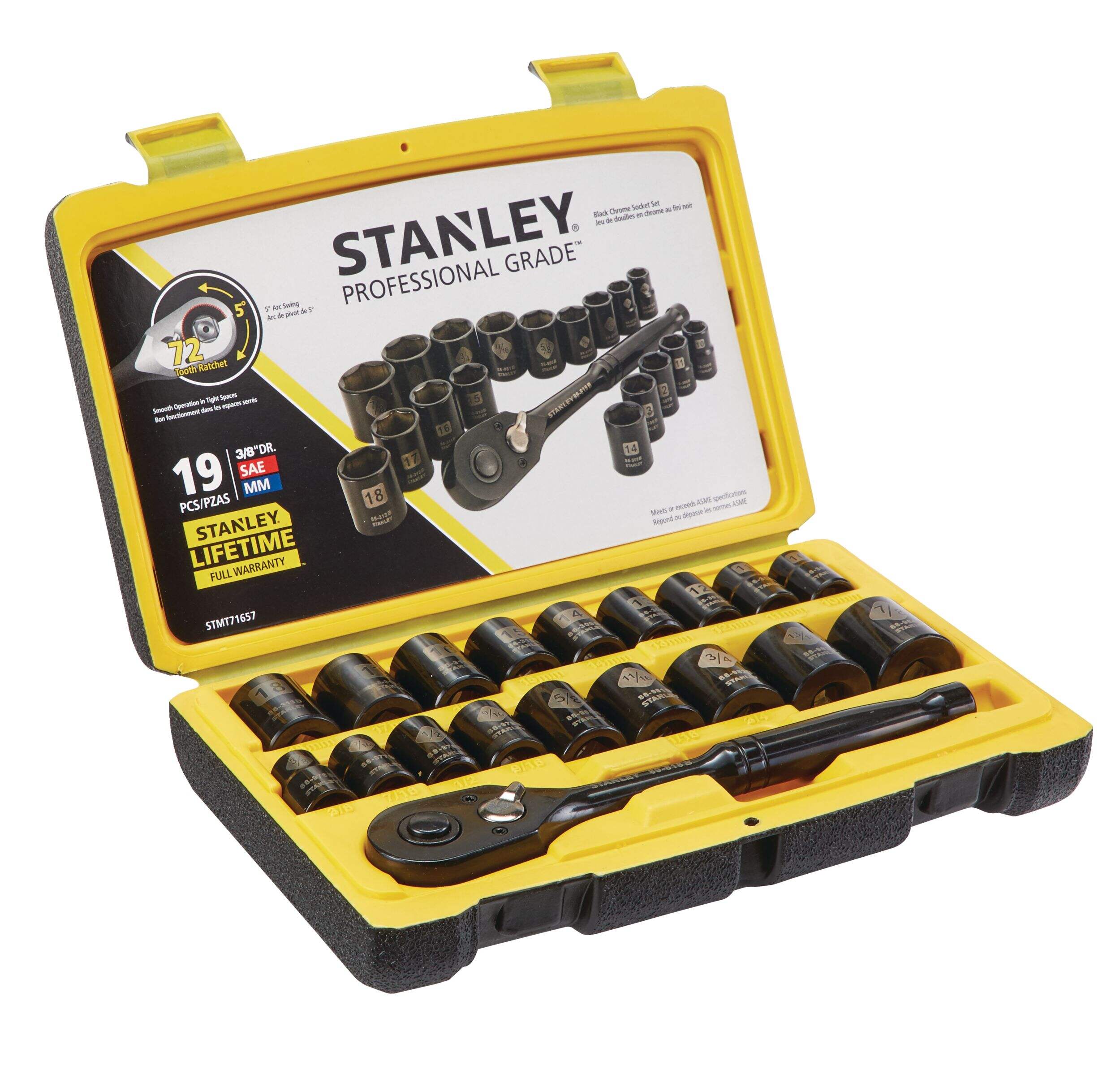 Stanley Professional Grade Black Chrome Socket Set, 19-pc, SAE/Metric Front_Angled_Right