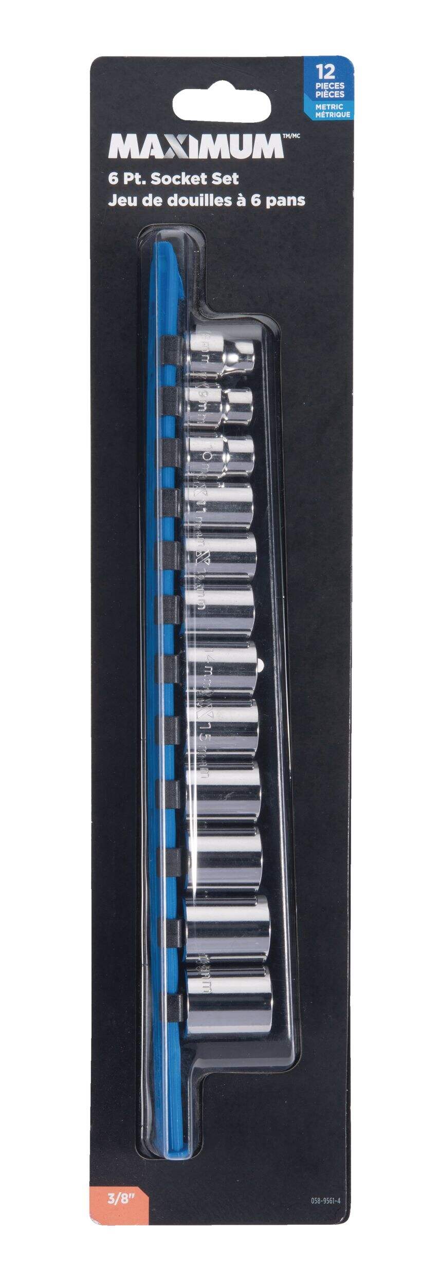 MAXIMUM 3/8-in Drive Regular Socket Set 12-pc, Metric, CRV, Nickel-Chrome Plating Front_Flat