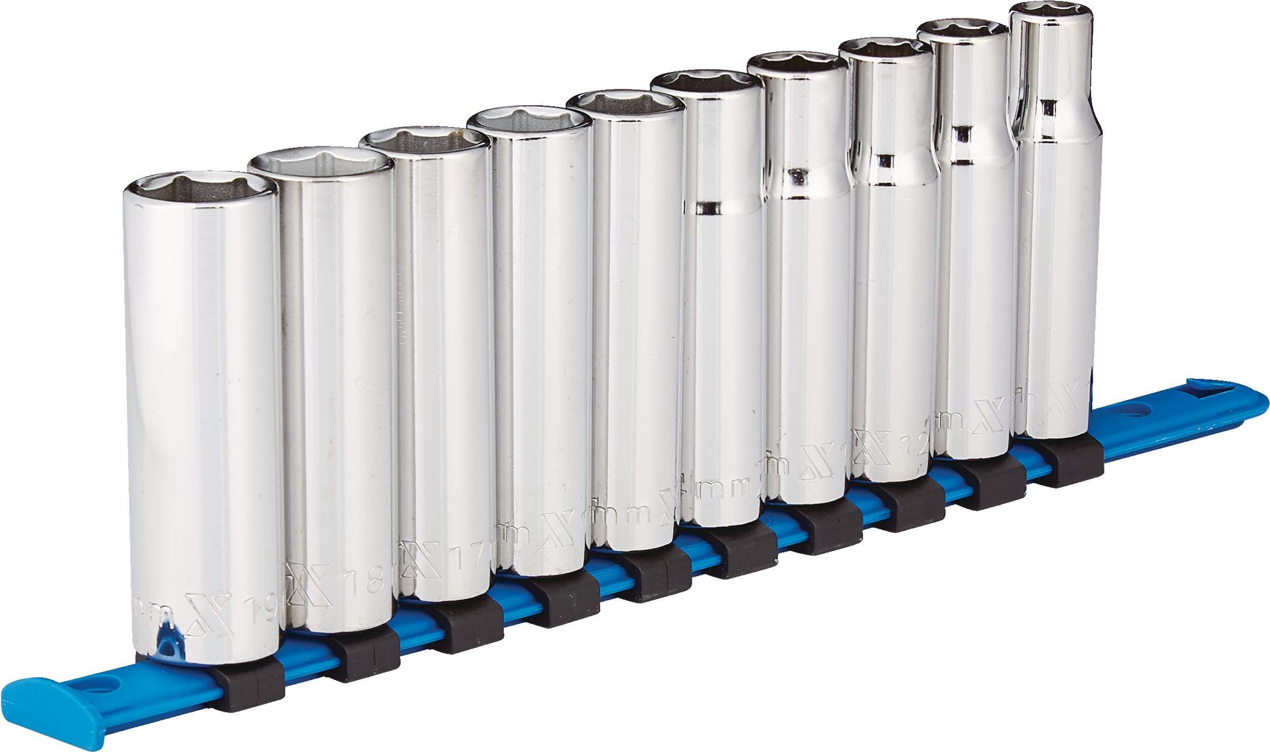 MAXIMUM 1/2-in Drive 6 Pt. Deep Socket Set, Metric, Nickel-Chrome Plating, 10-pc Front_Angled_Right