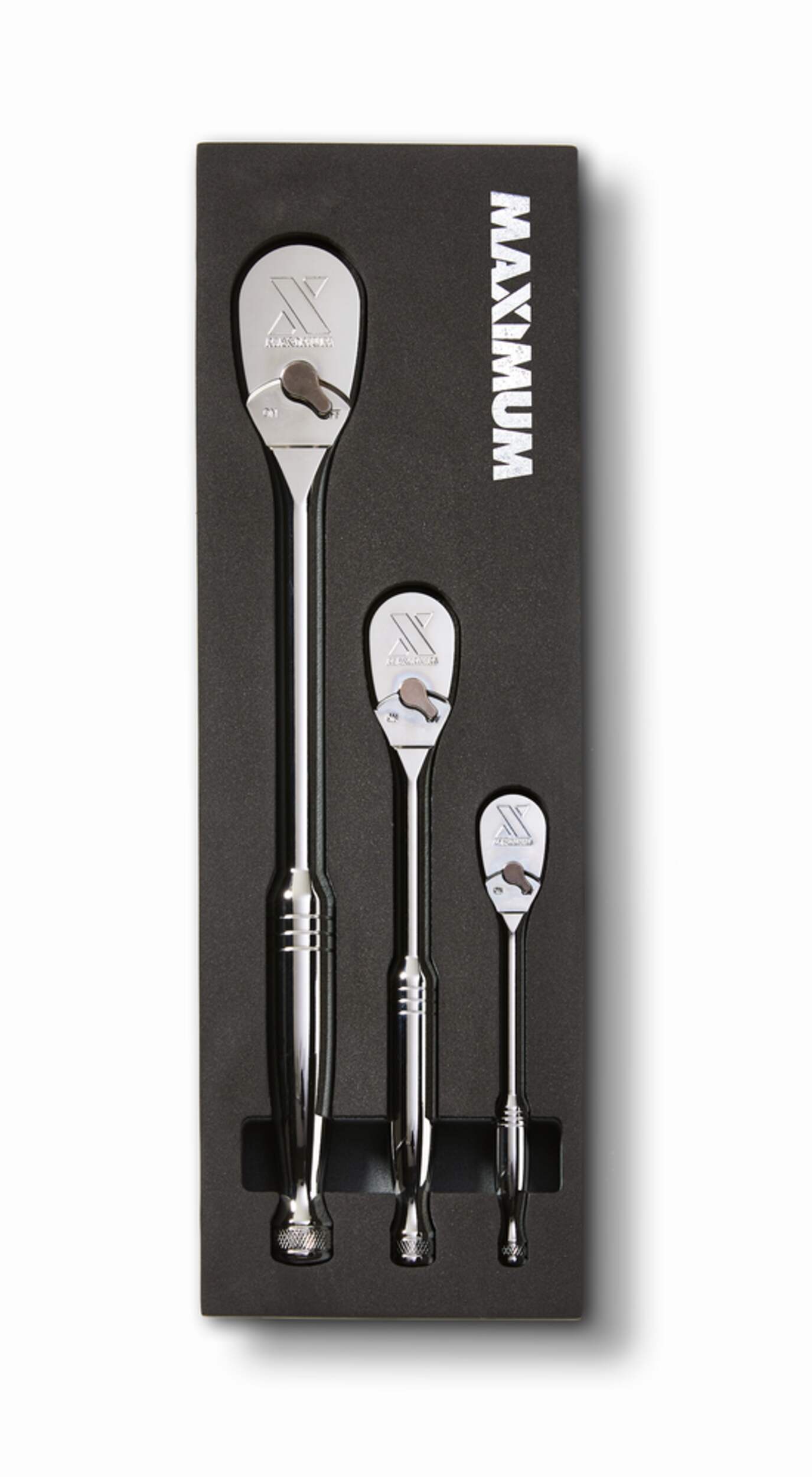 MAXIMUM 1/2-in, 1/4-in & 3/8-in Drive 90-Tooth Ratchet Set, 3-pc CRV, Nickel-Chrome Plating Front_Flat