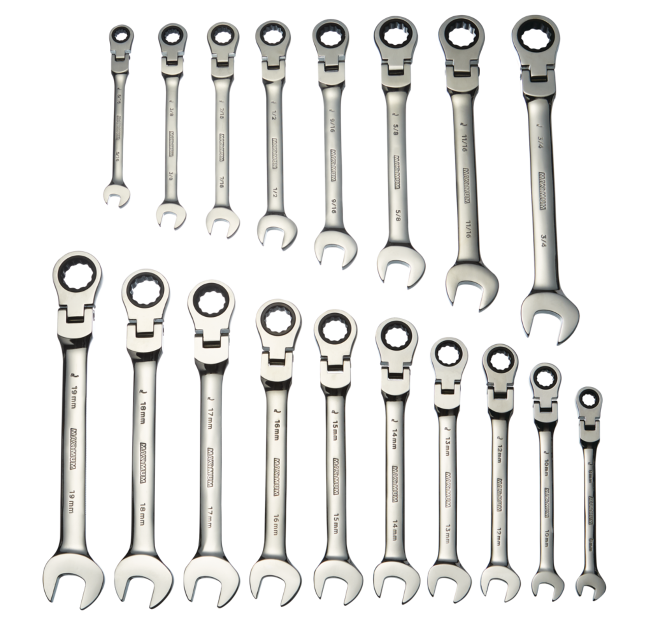 MAXIMUM Flexhead Wrench Set, SAE/Metric, Nickel-Chrome Plating, 18-pc