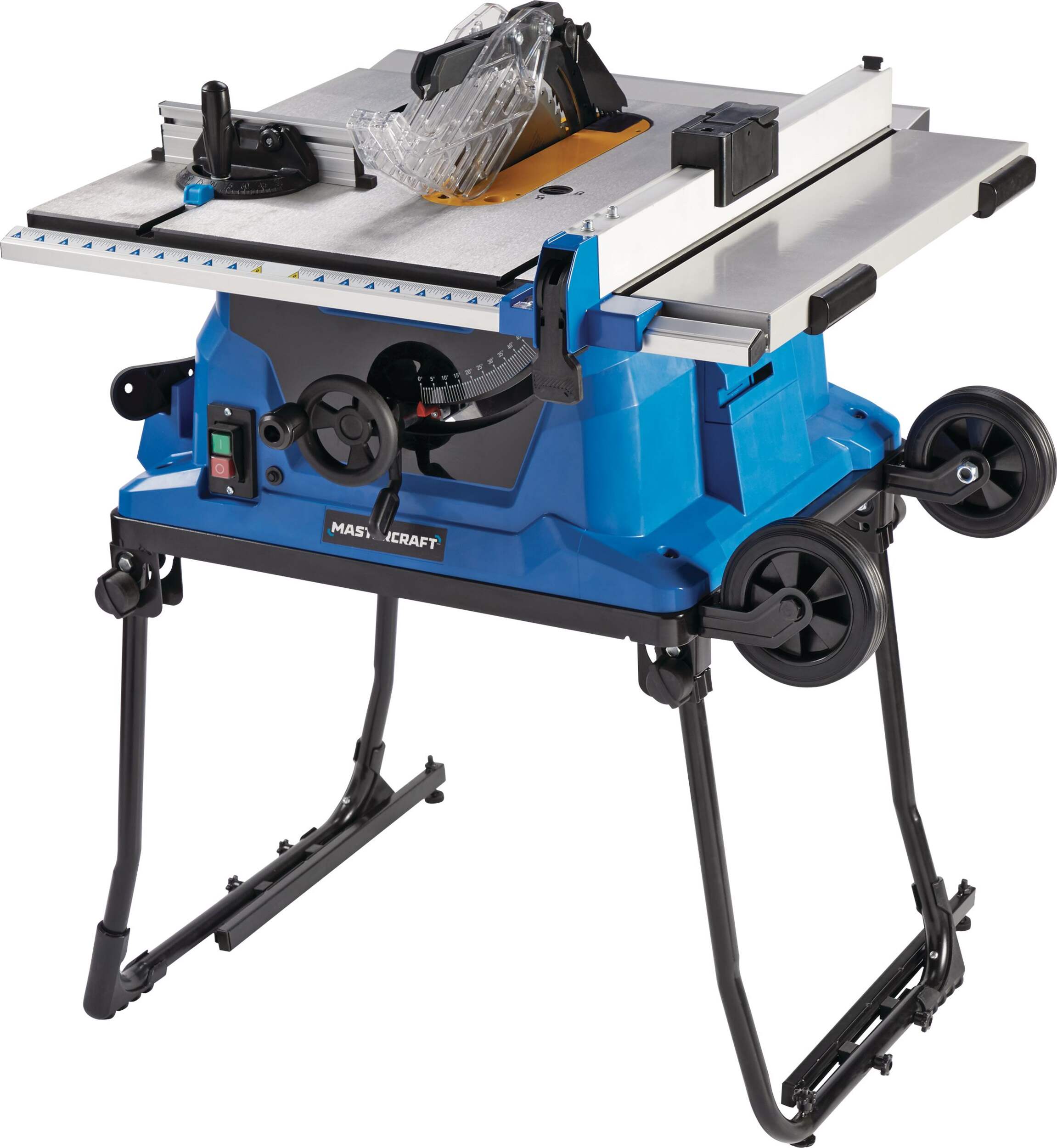 Mastercraft 15 Amp Portable Table Saw with Fold & Roll Stand, 10-in Front_Three_Fourths_Angled_Left