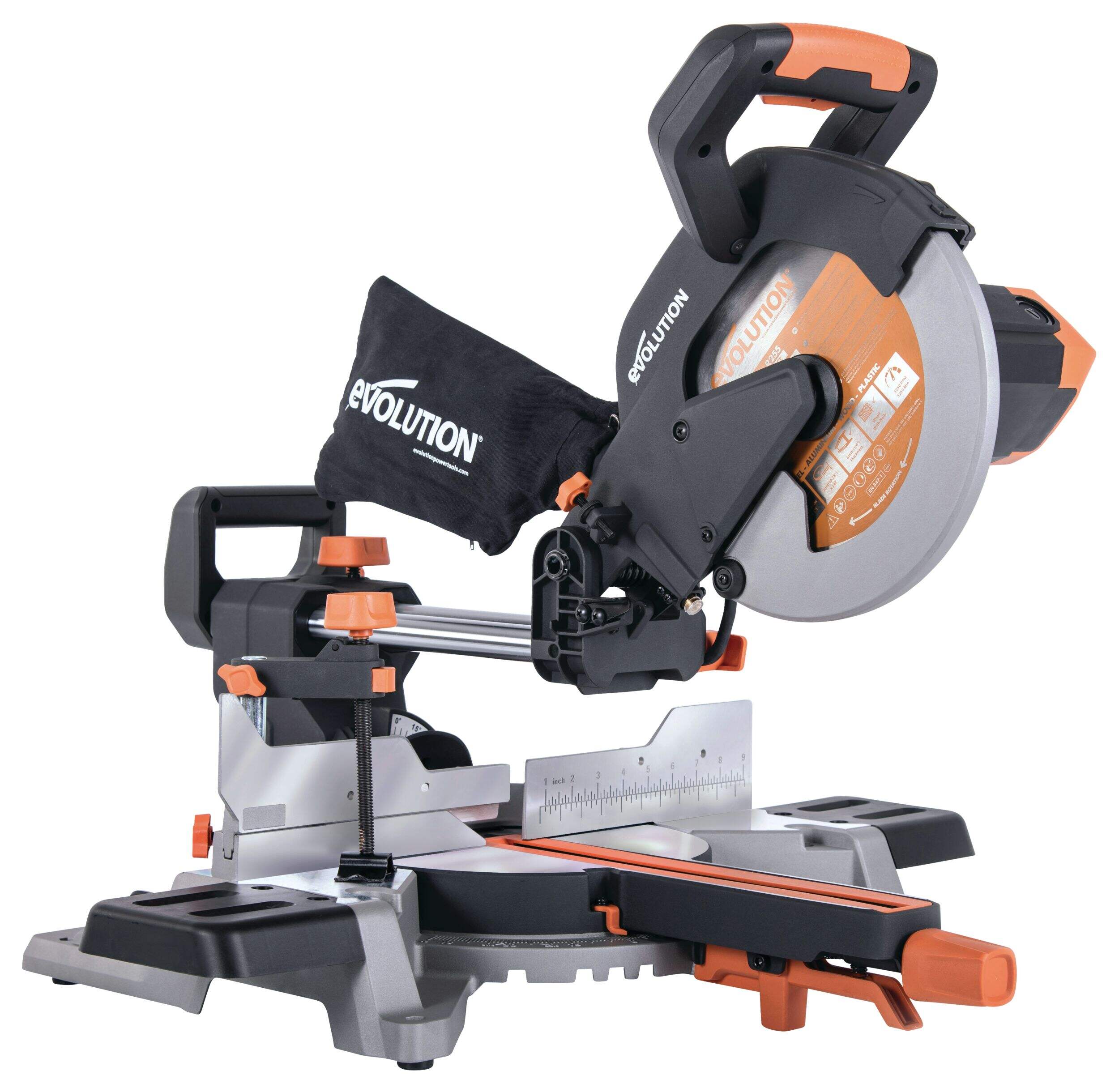 Scie à onglets coulissante à biseau simple Evolution R255SMS avec lame de coupe multi-matériaux de 10 po, 15 A Front_Angled_Right