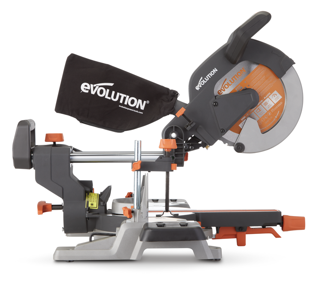 Scie à onglets coulissante à biseau simple Evolution R255SMS+ avec lame de coupe multimatériaux
